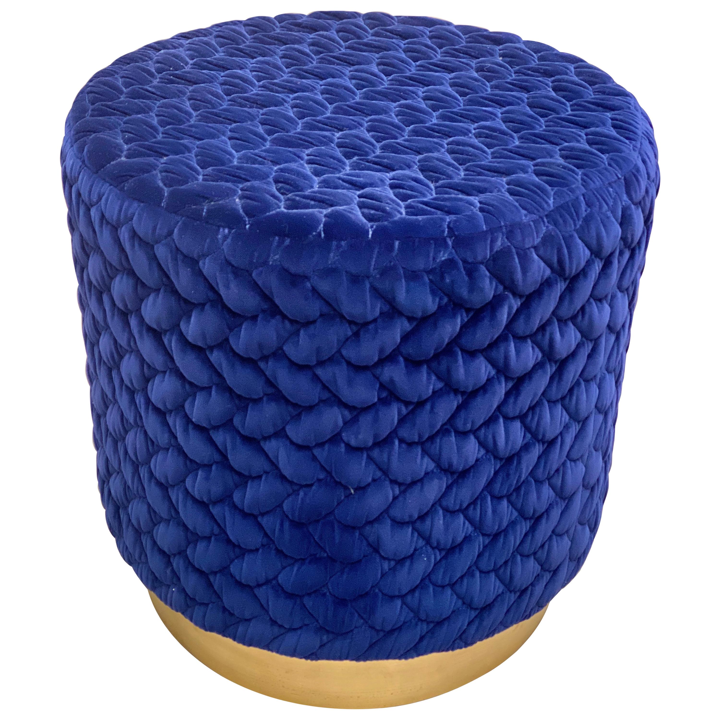 Diana Pouf Upholstered in Velvet Tresse Lapis Blue with Brass Plinth For Sale