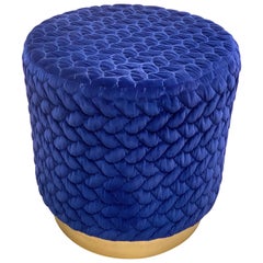 Diana Pouf Upholstered in Velvet Tresse Lapis Blue with Brass Plinth