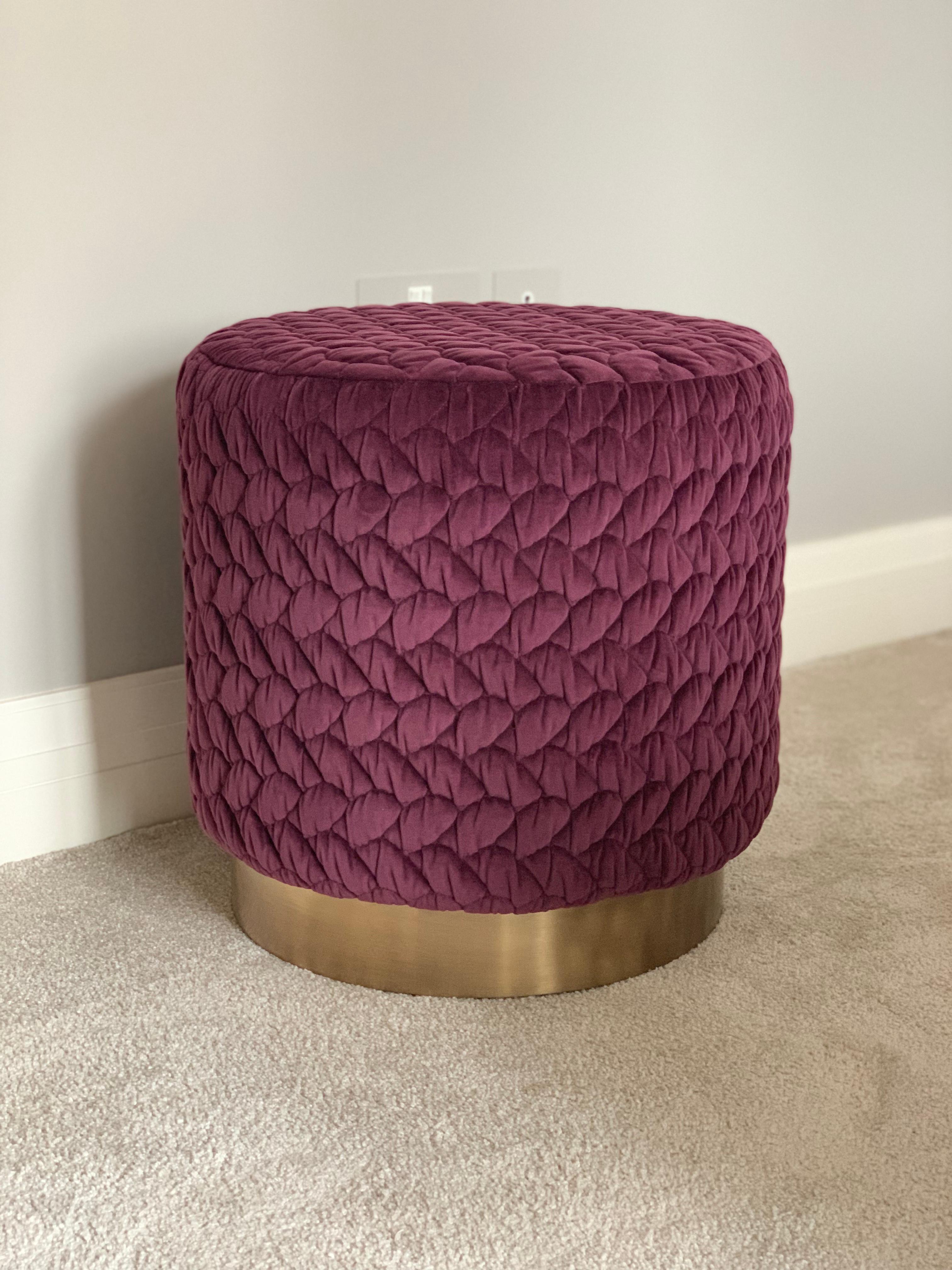Powder-Coated Diana Pouf Upholstered in Velvet Tresse with Brass Band Made in Britain For Sale