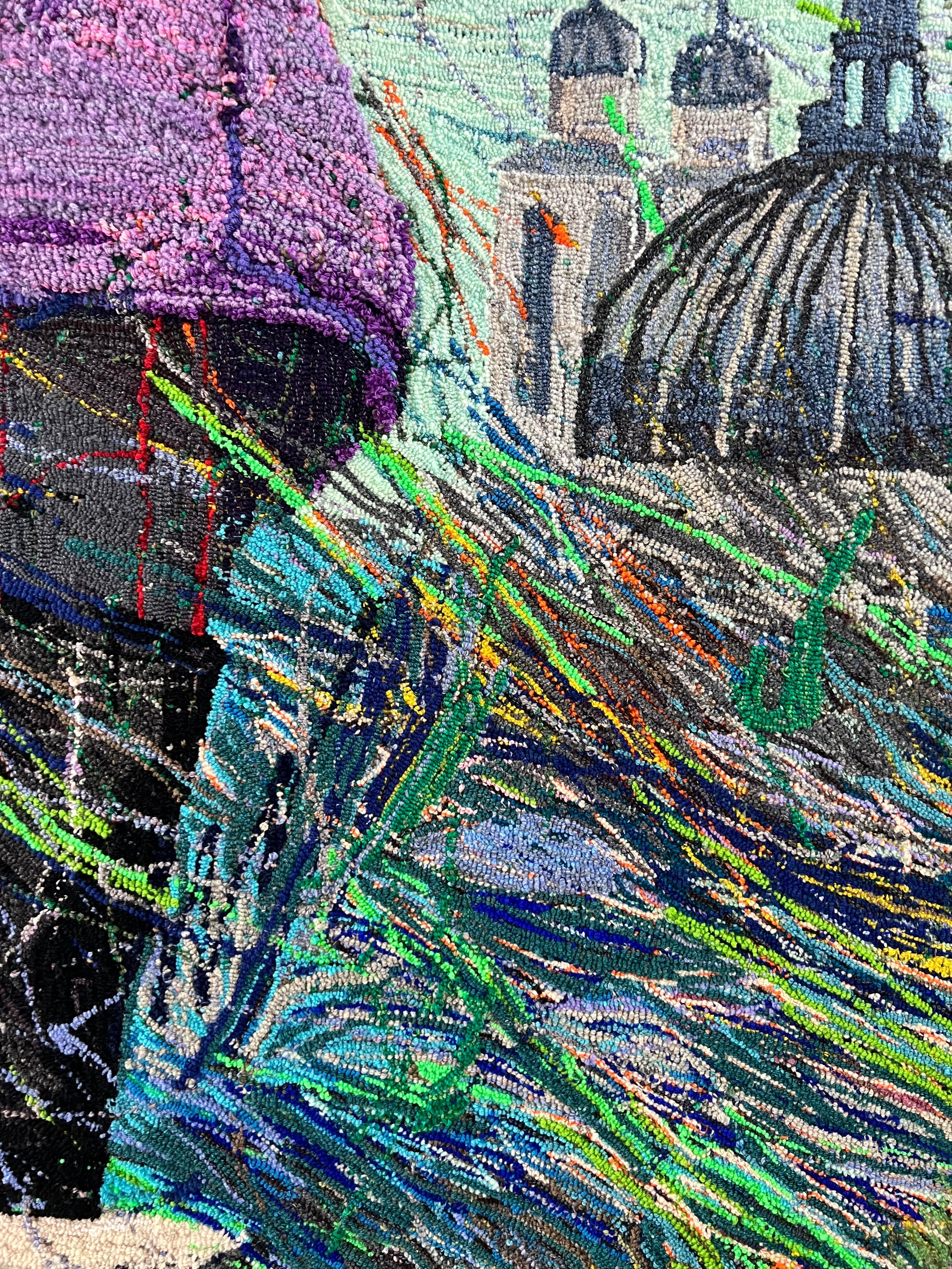 Young artist’s innovative textile practice reimagines traditional weaving and embroidery techniques, using colorful threads instead of paint and a tufting gun as her brush. Her large format textile works—meticulously crafted over months—merge