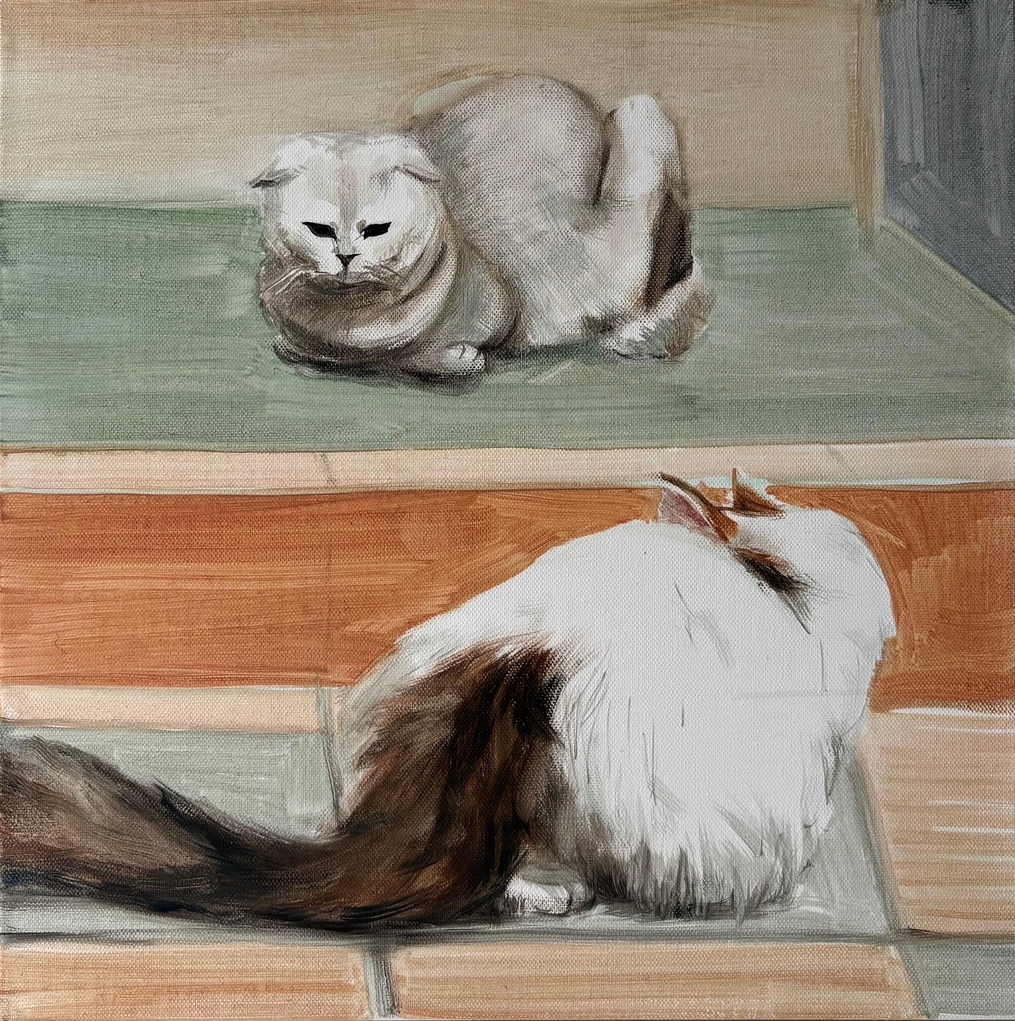 Diana Remeikyte Figurative Painting – Einzigartiges zeitgenössisches Kunstwerk, signiert, Katzen, Pastellfarben
