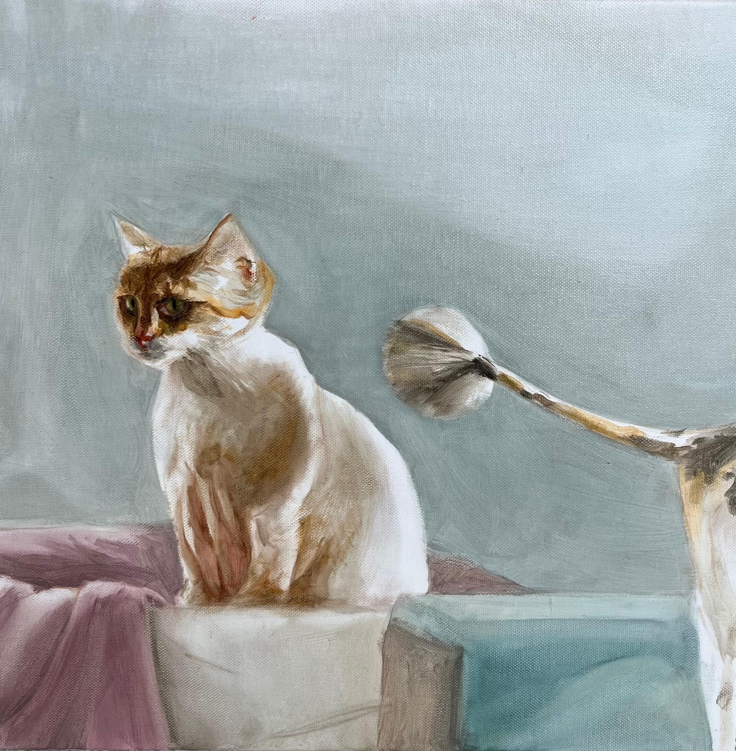 Portrait de chat intimiste réaliste aux couleurs pastel, huile sur toile