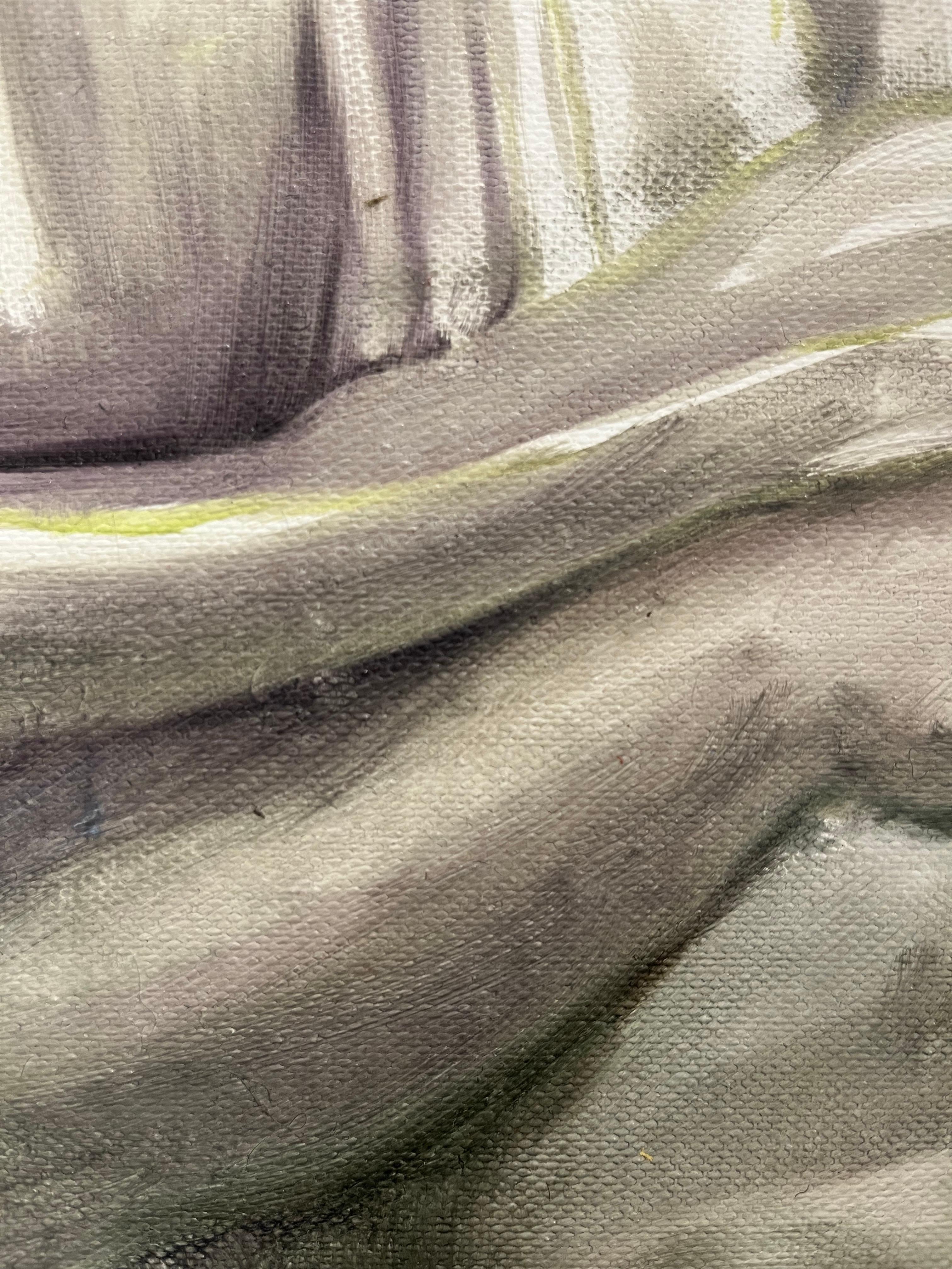 Dieses Öl-auf-Leinwand-Werk, Kiki, ist ein persönliches Werk des jungen litauischen Künstlers. Das kleinformatige Werk zeigt ihr Kätzchen, das sich in übereinanderliegenden Plaids ausruht. 
Die Künstlerin schafft ihre Werke, als würde sie ein