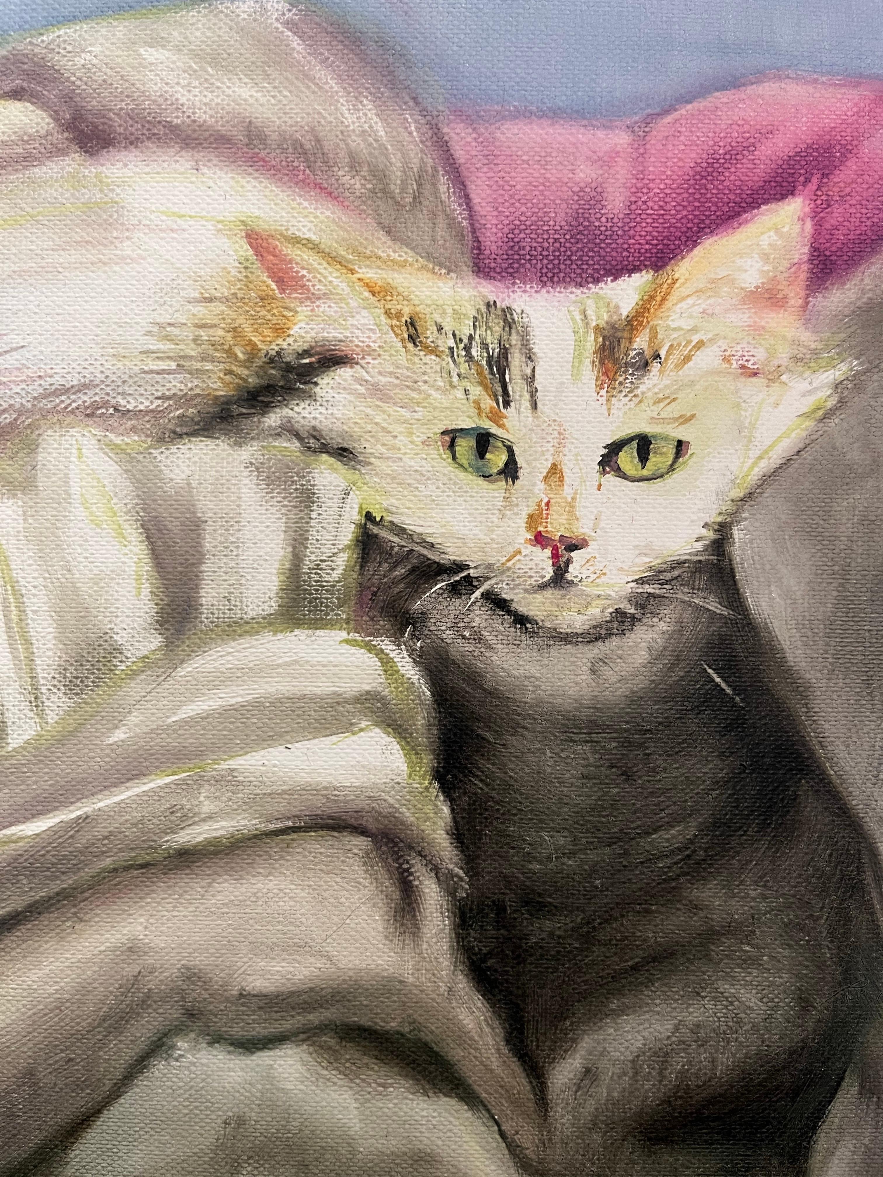 Pastell-Realismus, Intimes Haustierporträt, Öl auf Leinwand im Angebot 1