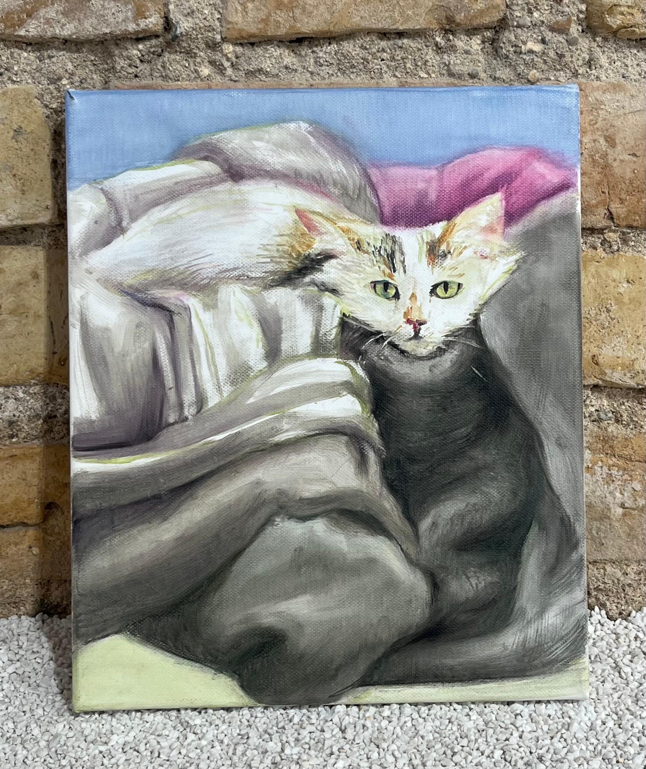 Pastell-Realismus, Intimes Haustierporträt, Öl auf Leinwand im Angebot 4