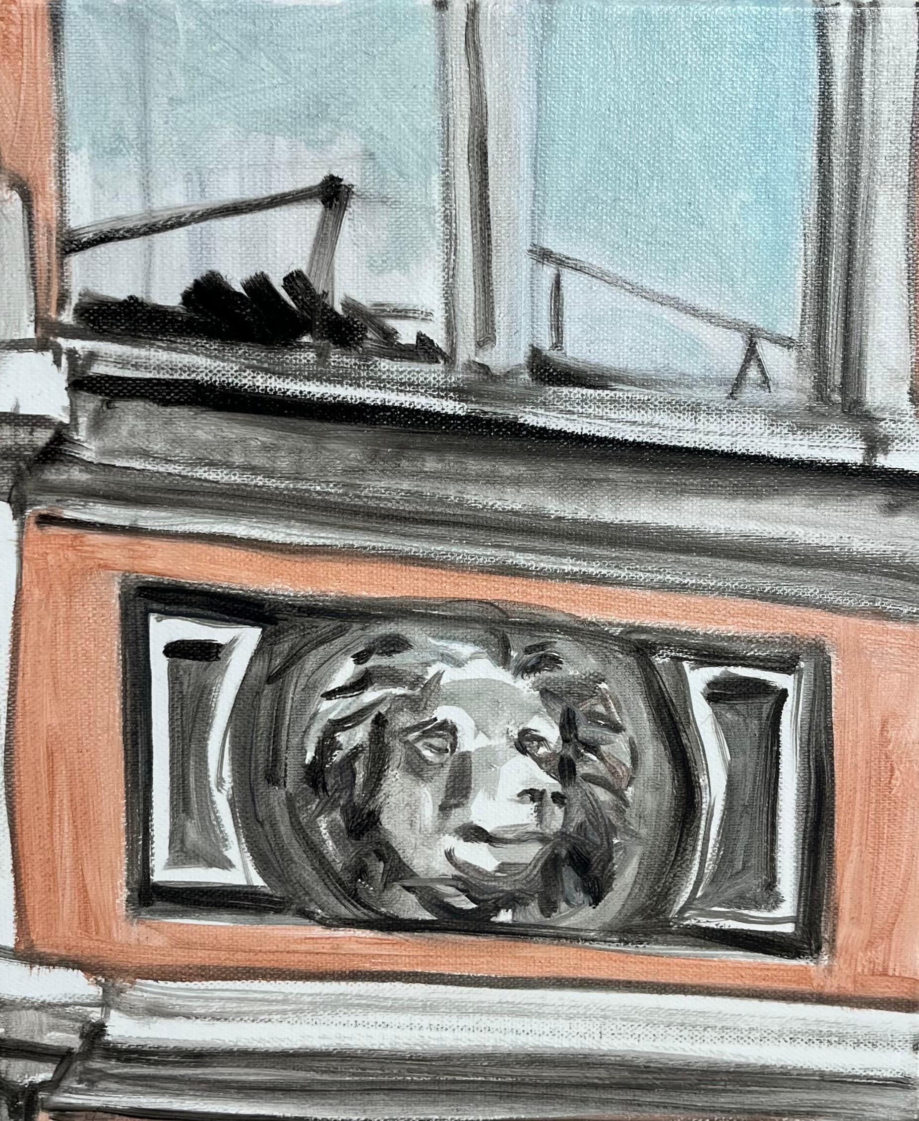 Diana Remeikyte Figurative Painting - Small Scale Oil Painting on Canvas - Lion - Architecture Detail