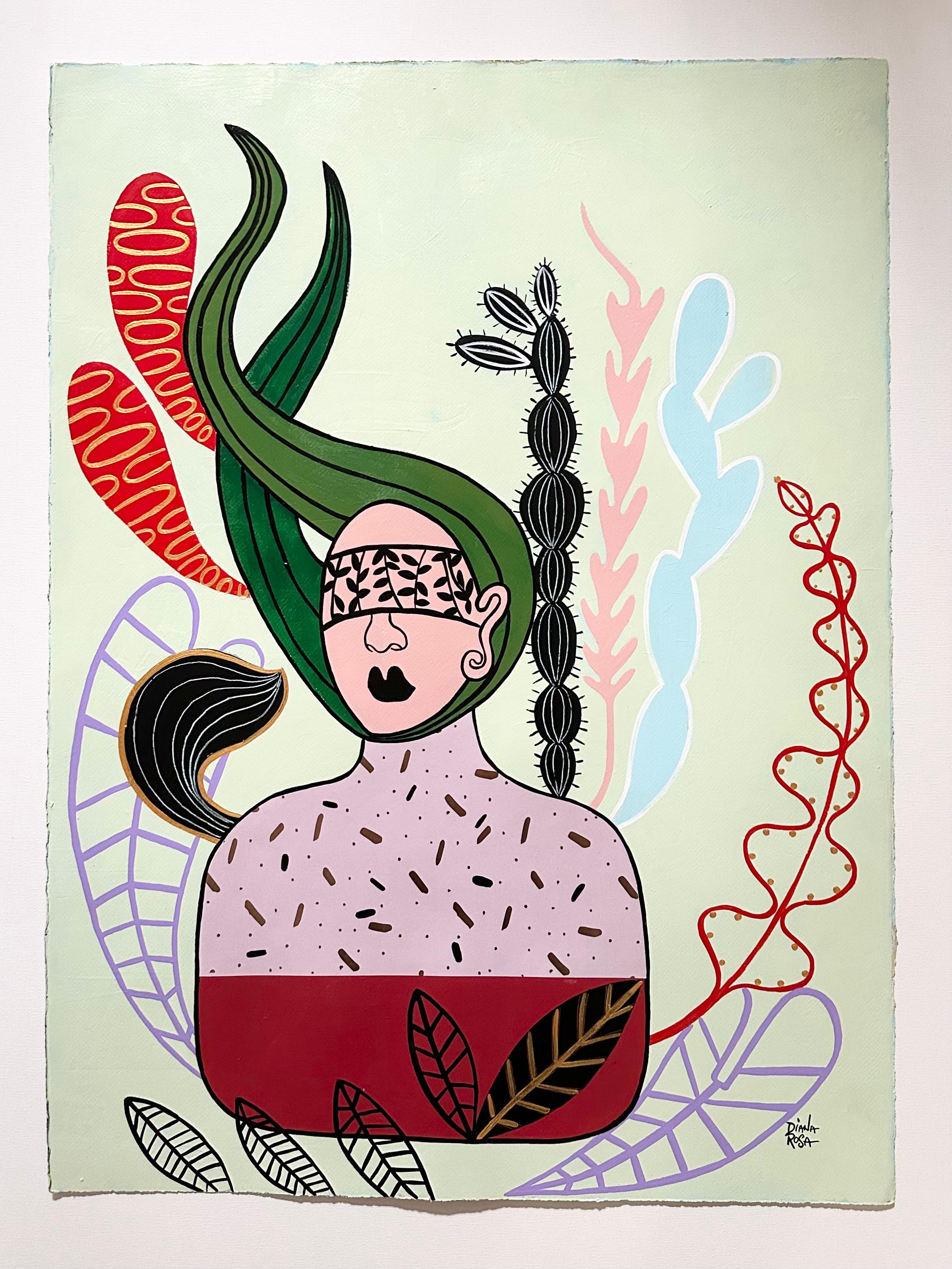 <p>Comentarios del artista<br />Formas botánicas y orgánicas rodean a una figura con los ojos vendados, creando un encuentro surrealista en un lugar mágico. Los personajes se sumergen en la vegetación, formando parte del paisaje. Mediante formas