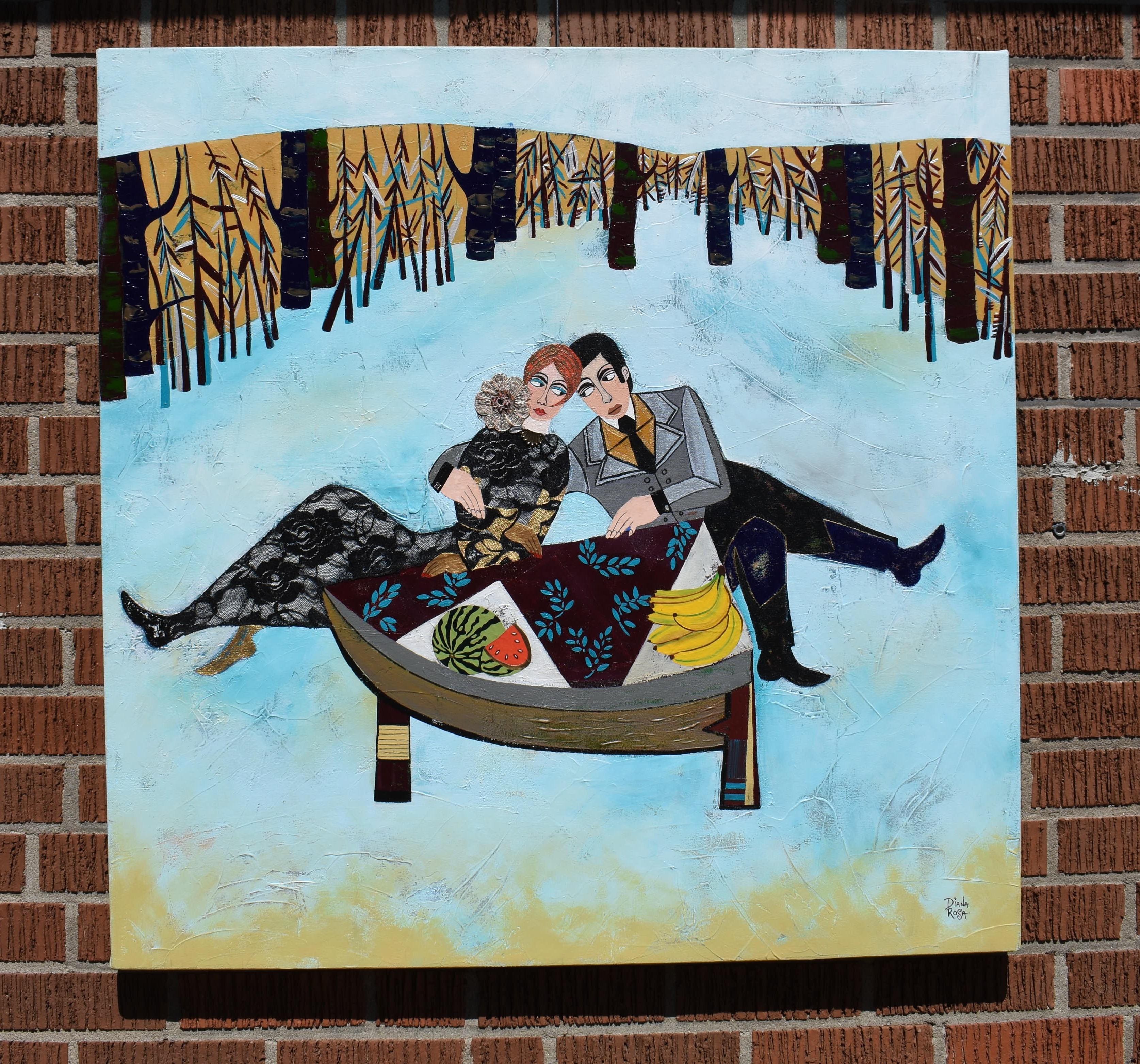 <p>Kommentare des Künstlers<br />Dieses Gemälde zeigt ein Paar, das am Tisch im Wald sitzt und ein Picknick macht.  Ich habe gemischte Medien wie Stoff und Metallschmuck verwendet.</p><br /><p>Über die Künstlerin<br />In ihren zeitgenössischen