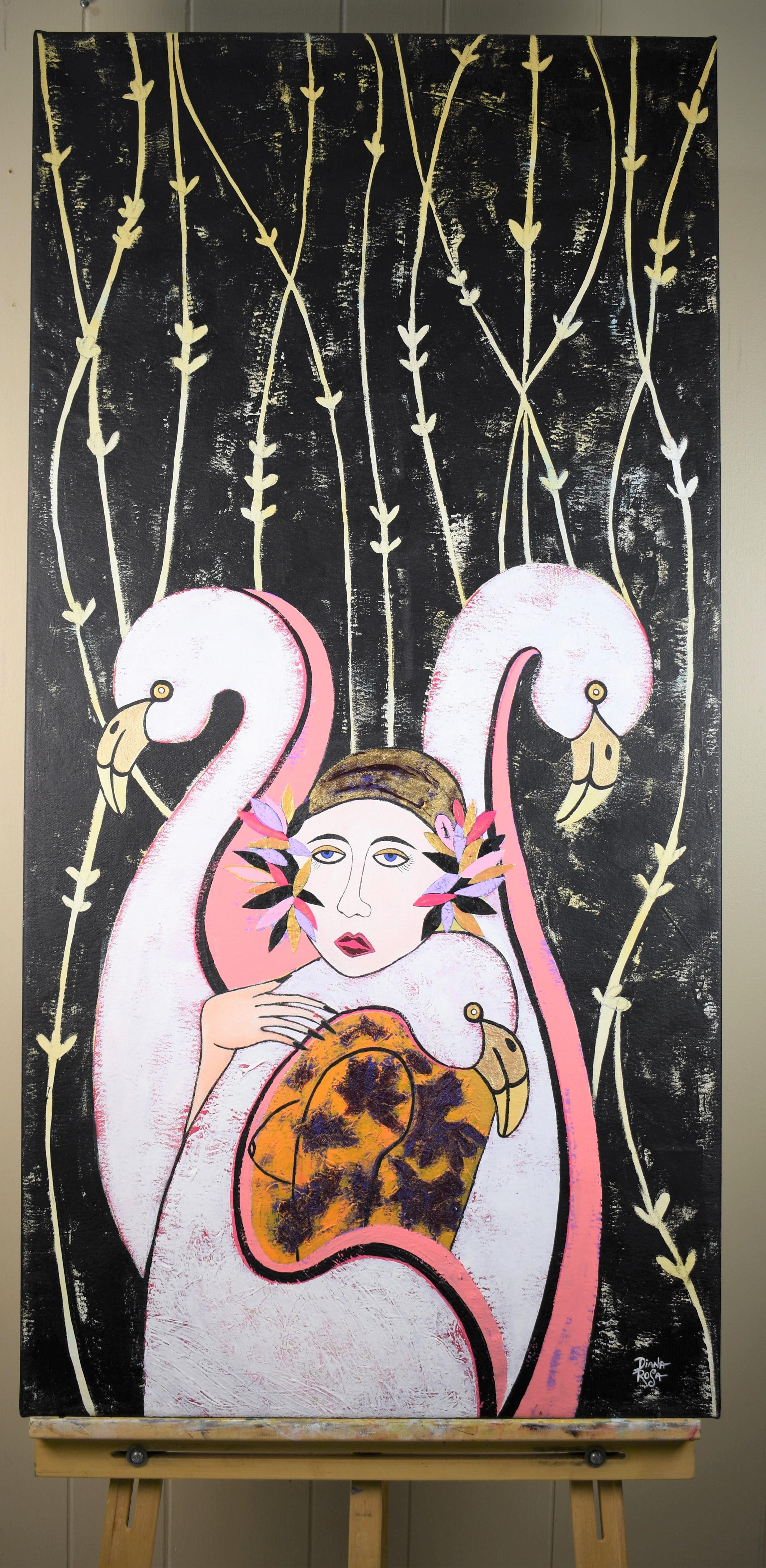 <p>Commentaires de l'artiste<br />Un nu se tient dans un environnement surréaliste, flanqué de flamants roses. Elle porte un foulard doré à fleurs, et un maquillage orné. Les deux oiseaux à sa gauche et à sa droite lui offrent une protection tandis