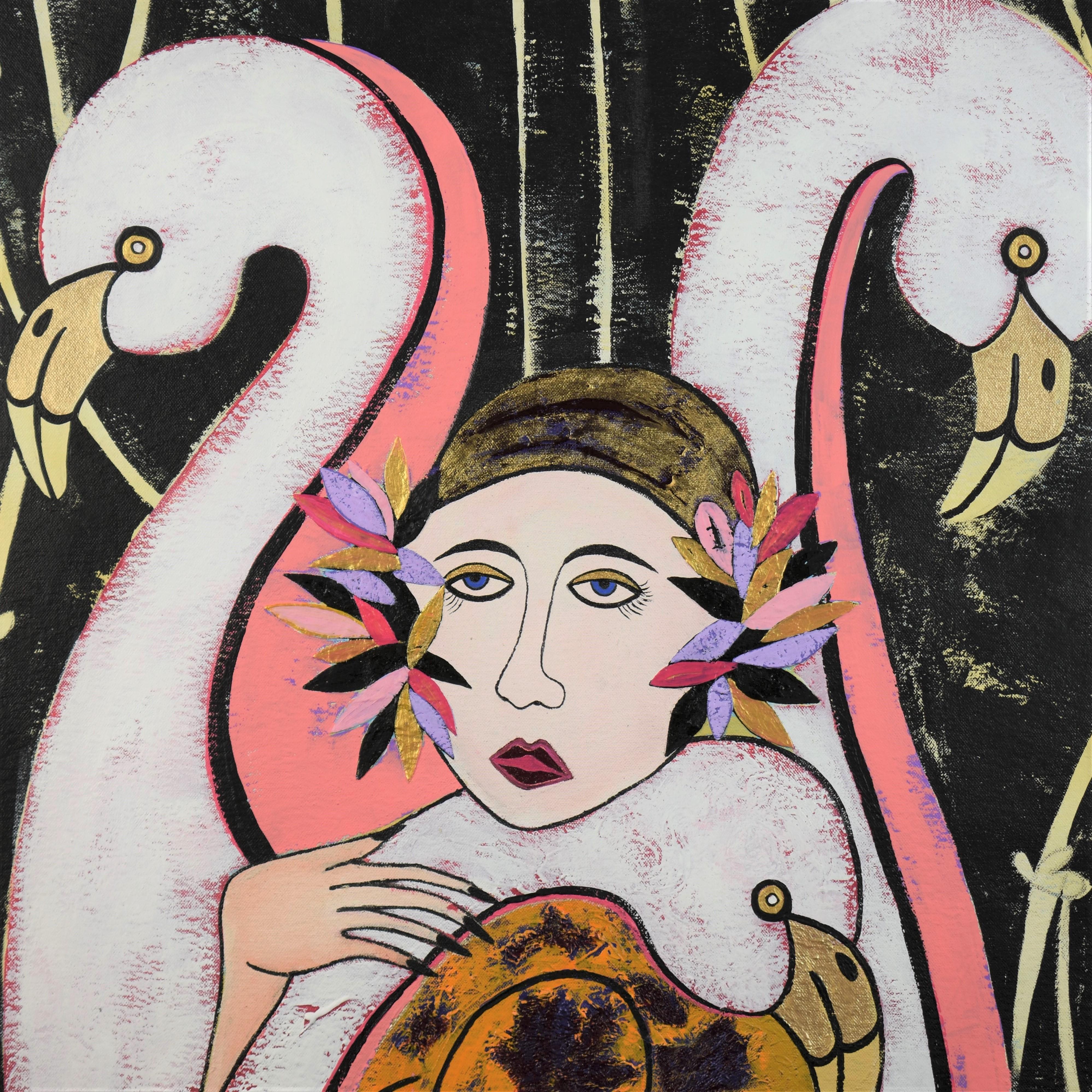 Woman and Flamingos, Original Painting - Contemporary Mixed Media Art by Diana Rosa