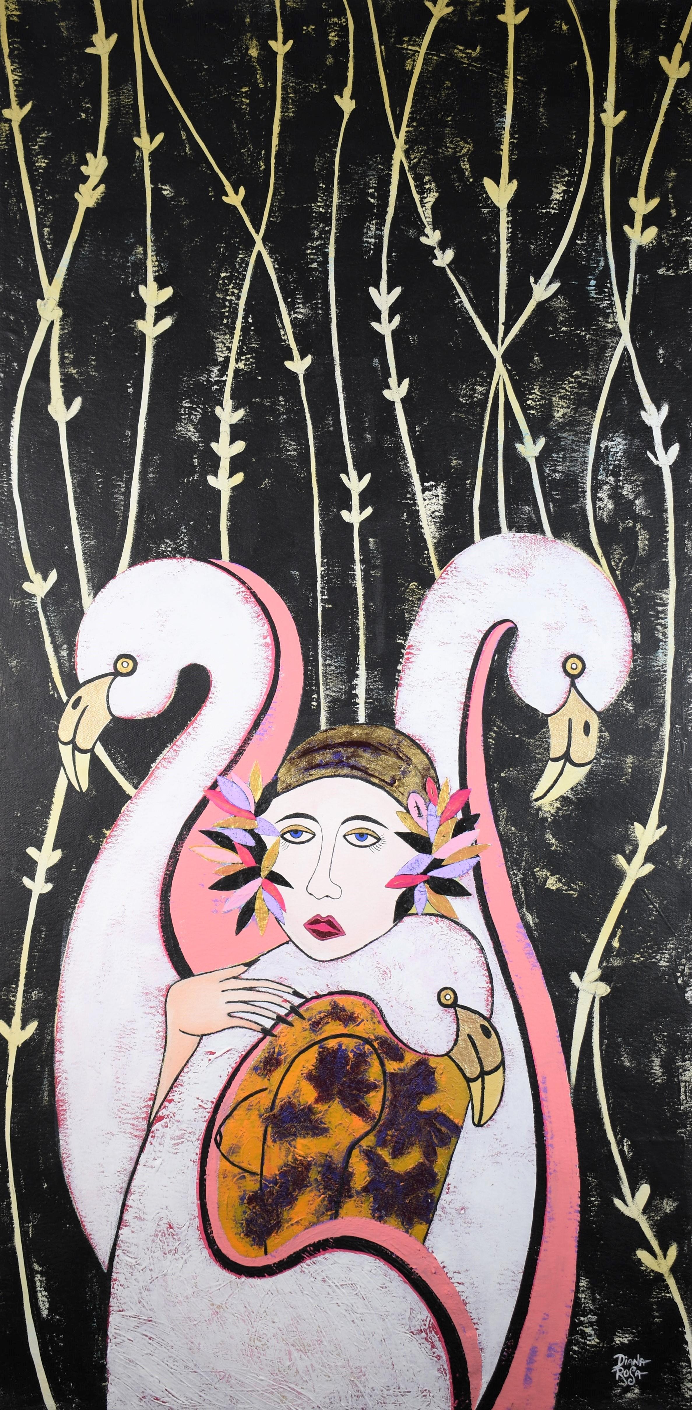 Woman and Flamingos, Original Painting