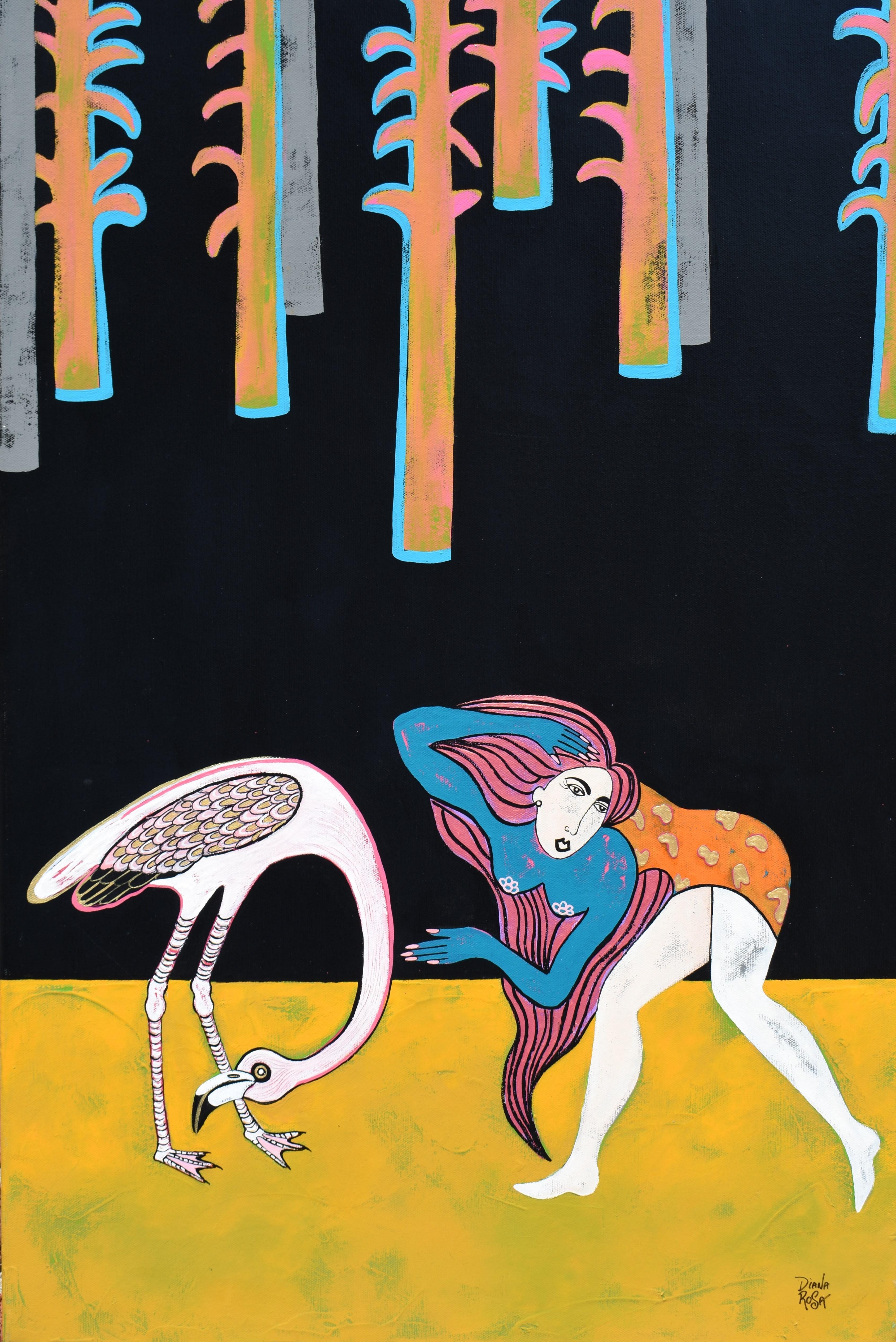 Diana Rosa Animal Painting - Flamingo Dance, Original Painting