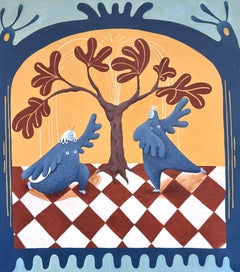 Blue Figures Beneath Tree Contemporary Surreal Figurative Painting Diana Ruban