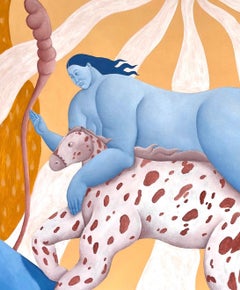 Diana Ruban: „Blaue Figur auf einem gefleckten Pferd“ – zeitgenössische surrealistische figurative Malerei