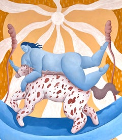 Diana Ruban: „Blaue Figur auf einem gefleckten Pferd“ – zeitgenössische surrealistische figurative Malerei