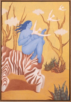 Diana Ruban — Blue Figure with Birds on Zebra, Surreal Contemporary Painting