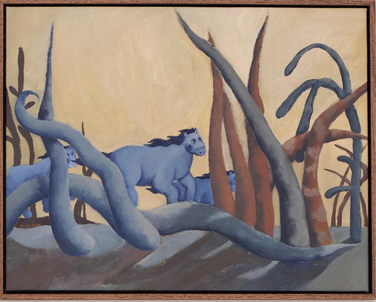 Diana Ruban - Blaue Pferde im surrealen Wald, Zeitgenössische figurative Malerei im Angebot 1