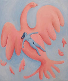 Diana Ruban Blue Nude on Pink Bird, Contemporary Surreal Figurative Painting