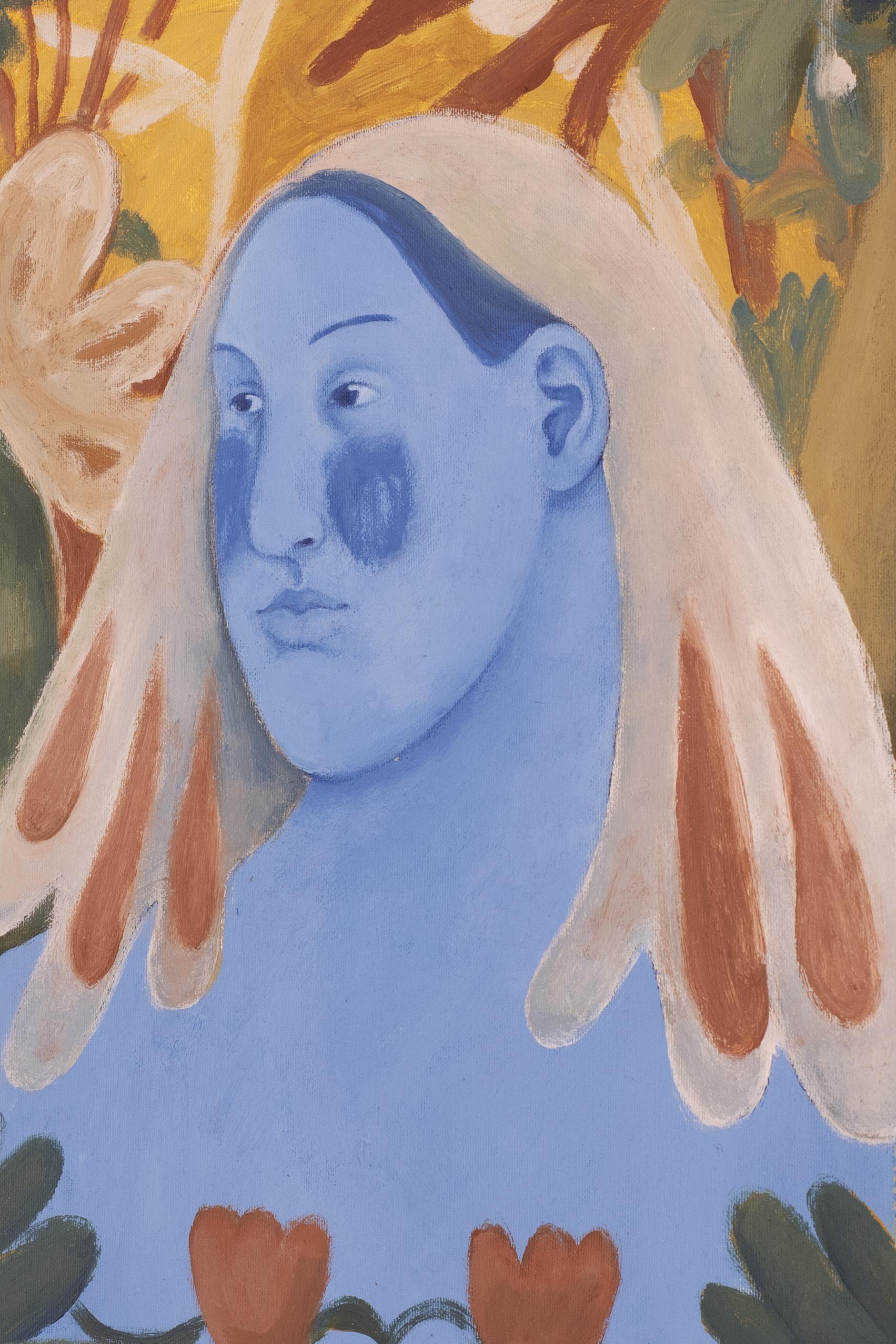 Diana Ruban - Blaues Porträt mit Blumen, Zeitgenössische figurative Malerei im Angebot 1