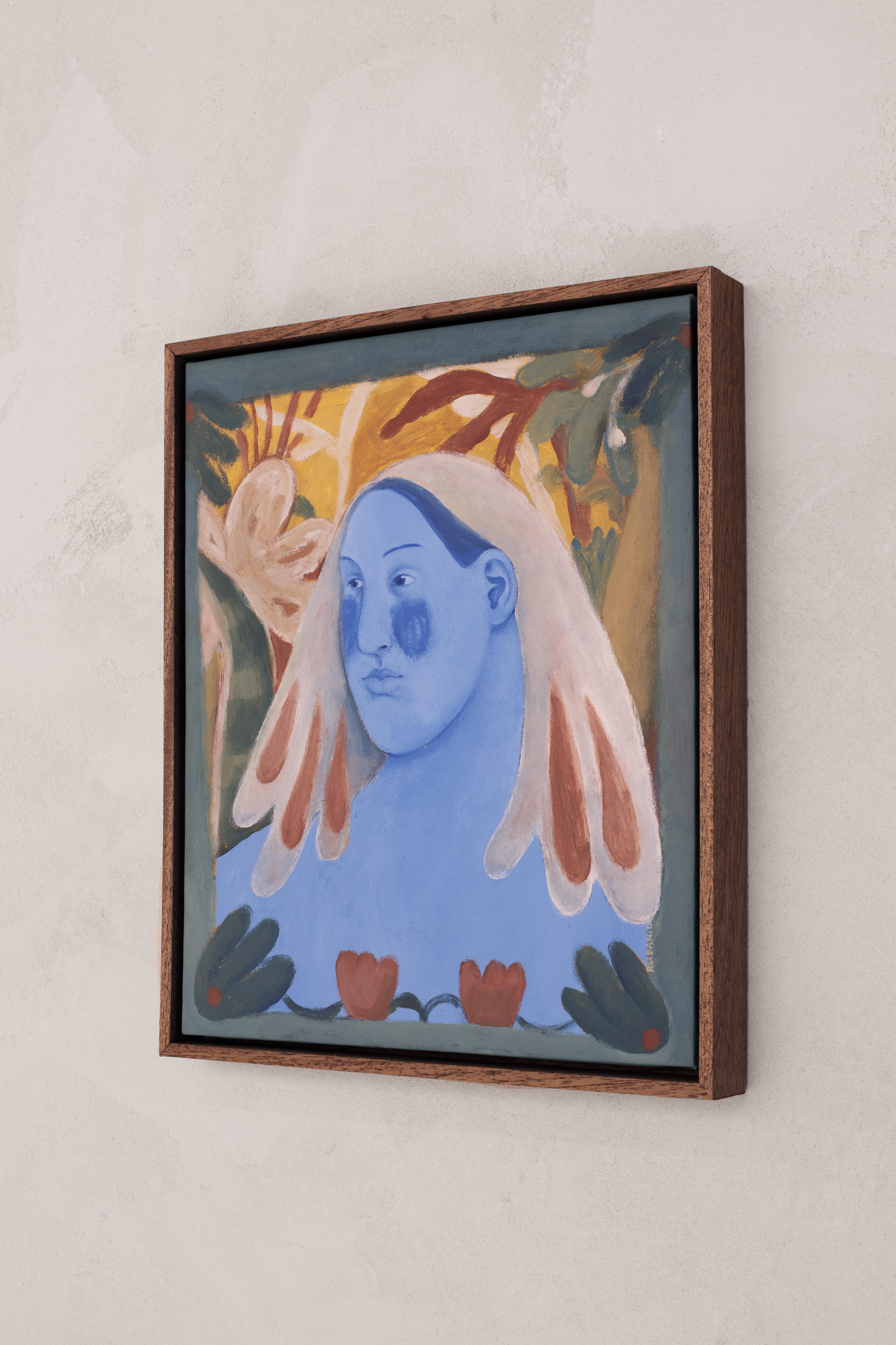 Diana Ruban - Blaues Porträt mit Blumen, Zeitgenössische figurative Malerei im Angebot 2