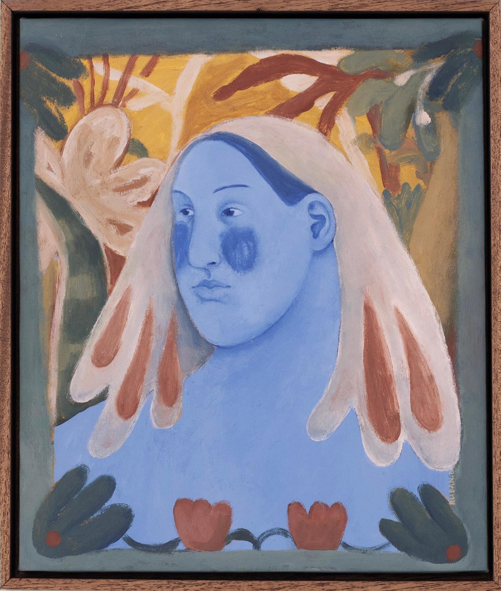 Diana Ruban - Blaues Porträt mit Blumen, Zeitgenössische figurative Malerei