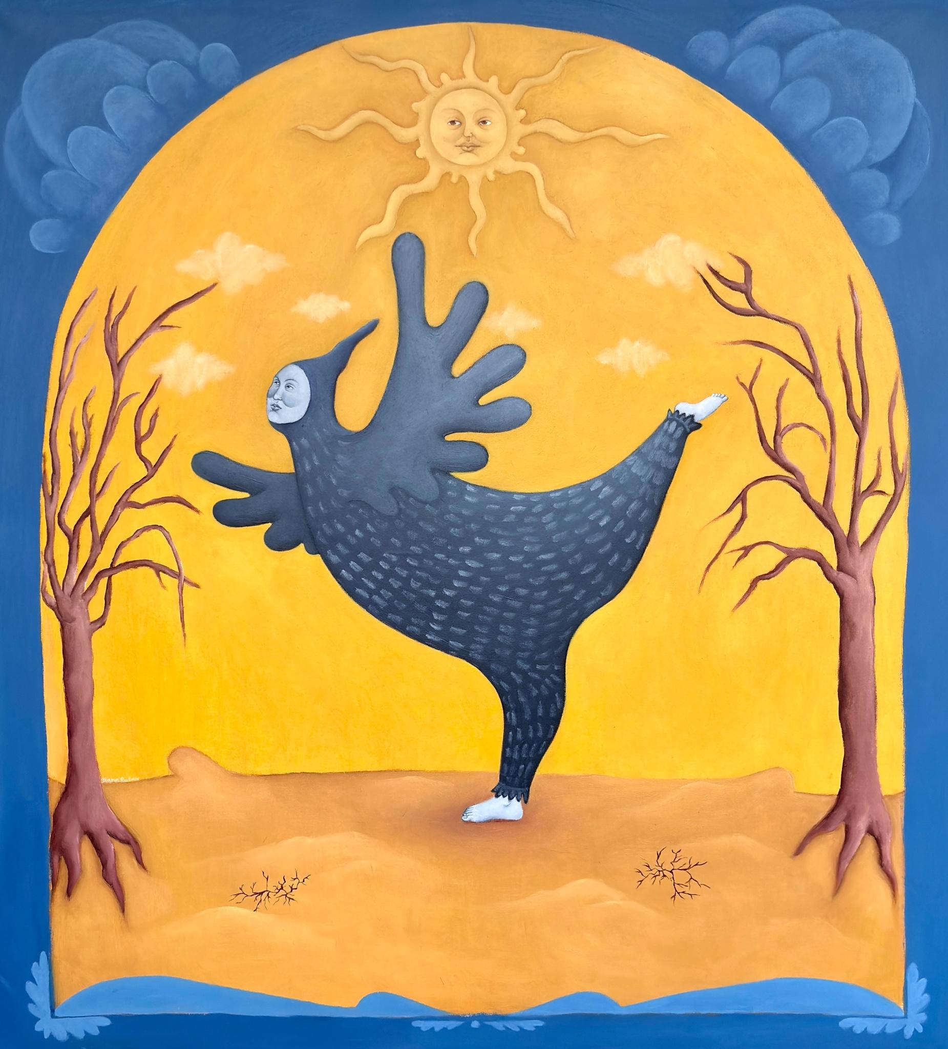Diana Ruban Blue Winged Figure Under Golden Sun Contemporary Surreal Painting
