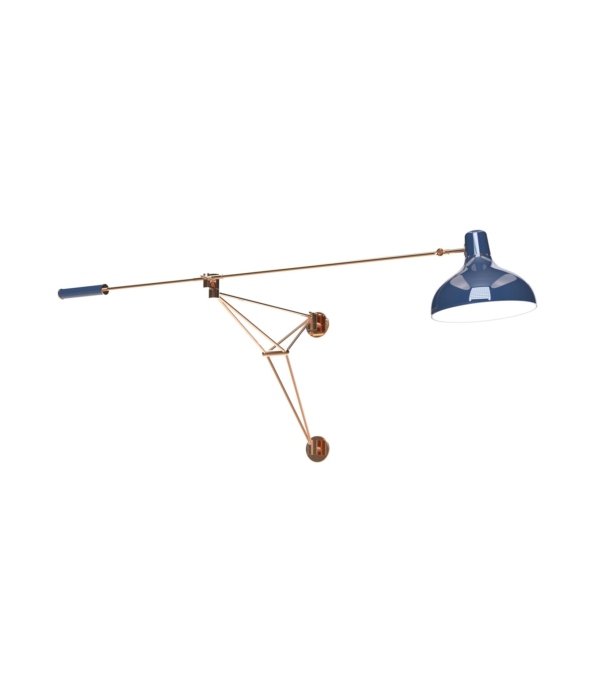 Diana is a vintage industrial wall lamp, inspired by the classic designs of the Mid-Century Modern age. A true Industrial Design icon, Diana has a mount and swing arm handmade in brass, with a lamp shade made in aluminum. The counterweight we find
