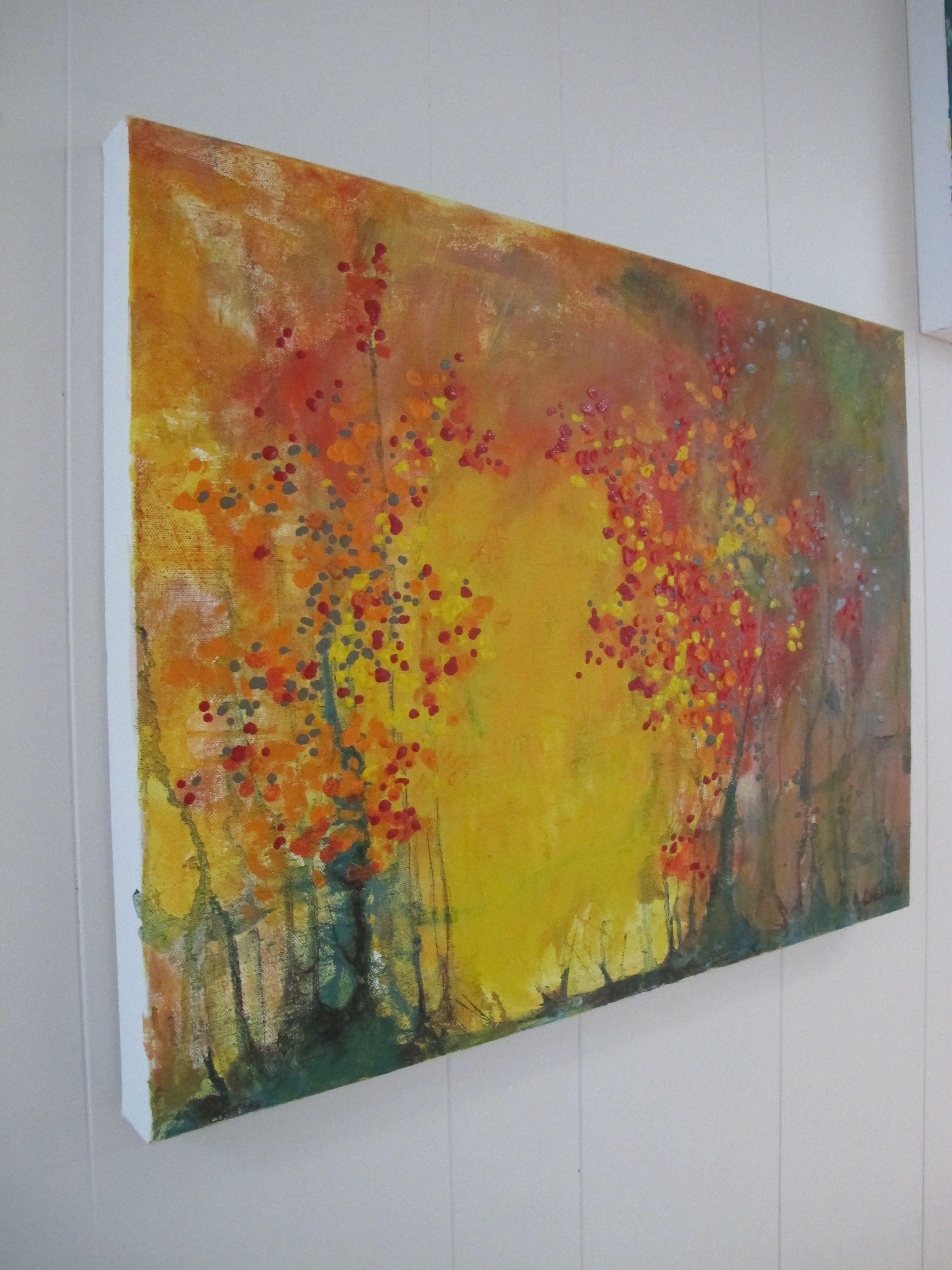 Nature is a continue source of inspiration for my artwork. This original piece uses warm colors to create the atmosphere of a summer day.    Summer, trees, landscape, warmth, nature, bright, forest, woods :: Mixed Media :: Abstract :: This piece