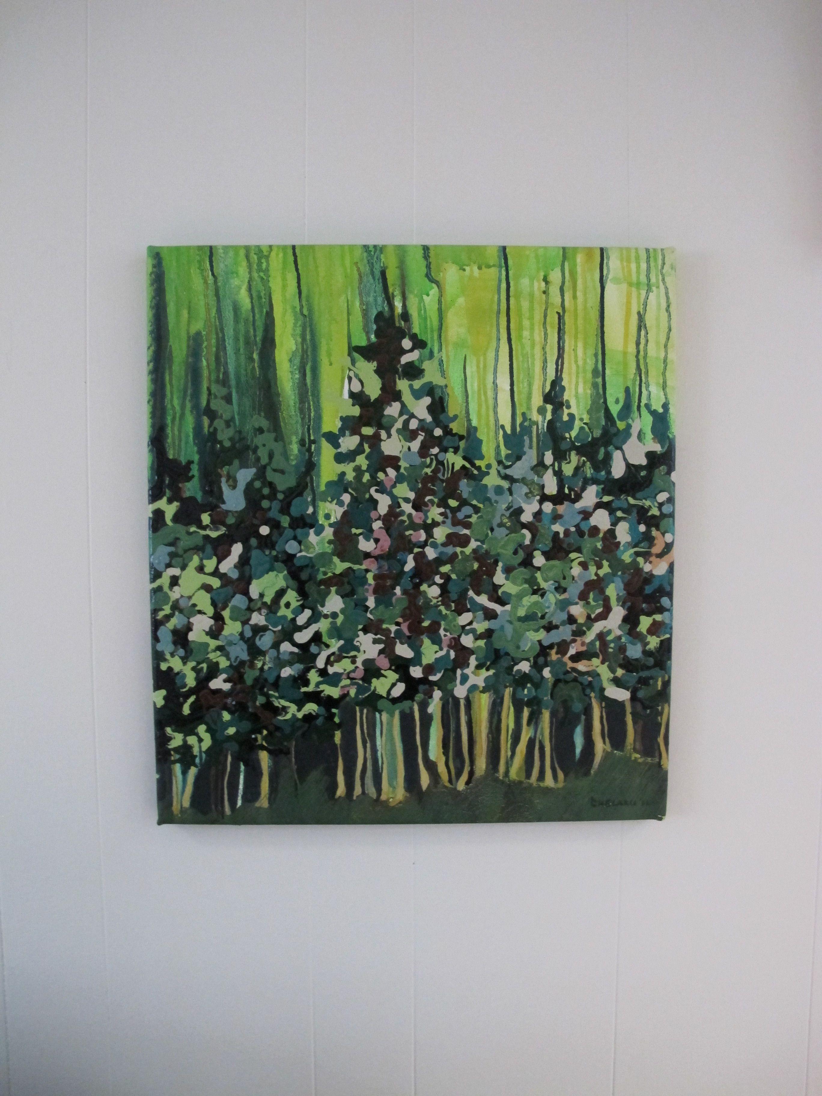This painting depicts a patch of tall trees as they reflect on a light background.   Painted on stretched canvas, it is ready to hang. :: Mixed Media :: Abstract :: This piece comes with an official certificate of authenticity signed by the artist