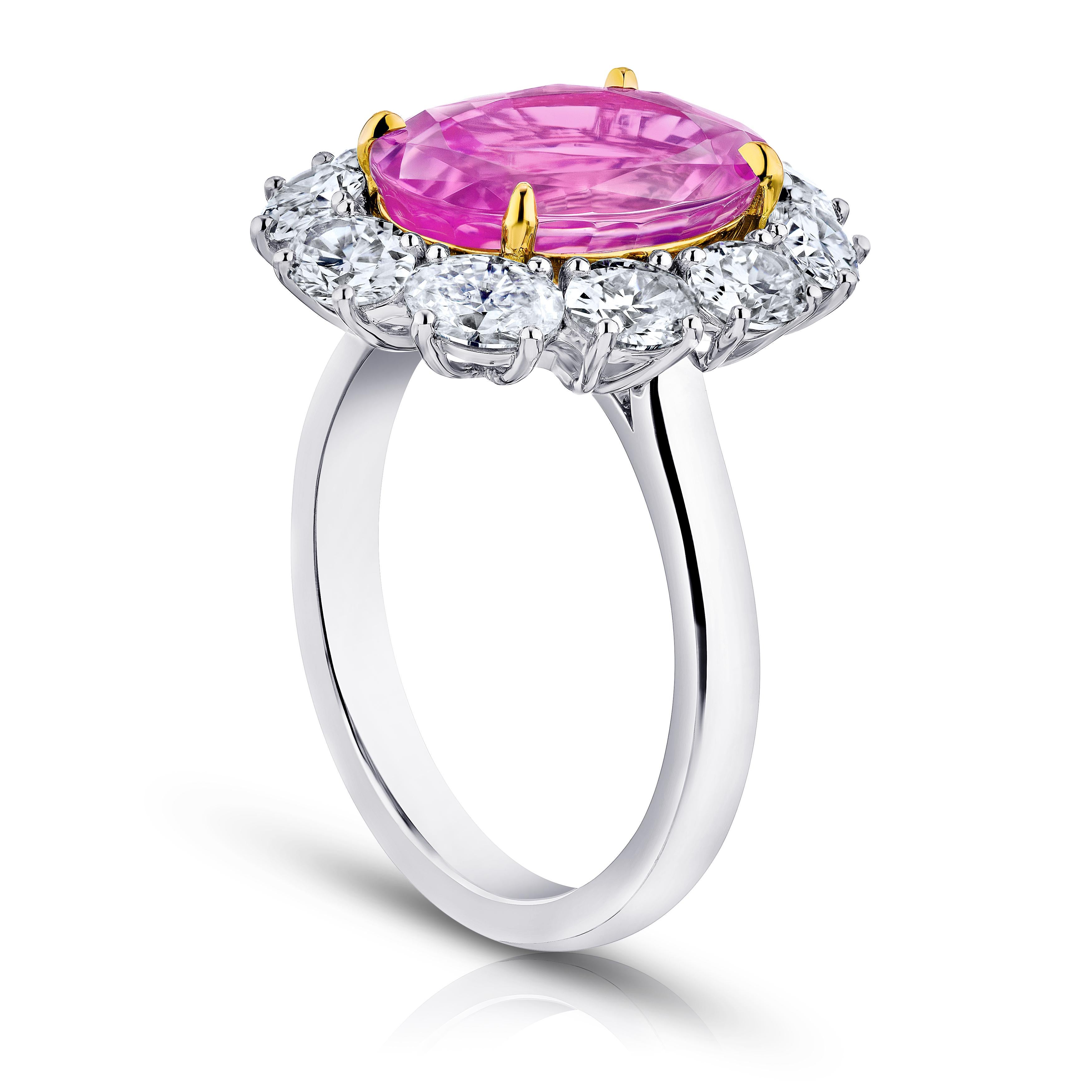 For Sale:  “Diana” Spaced Oval Halo Five Carat Pink Oval Sapphire Platinum Ring 2