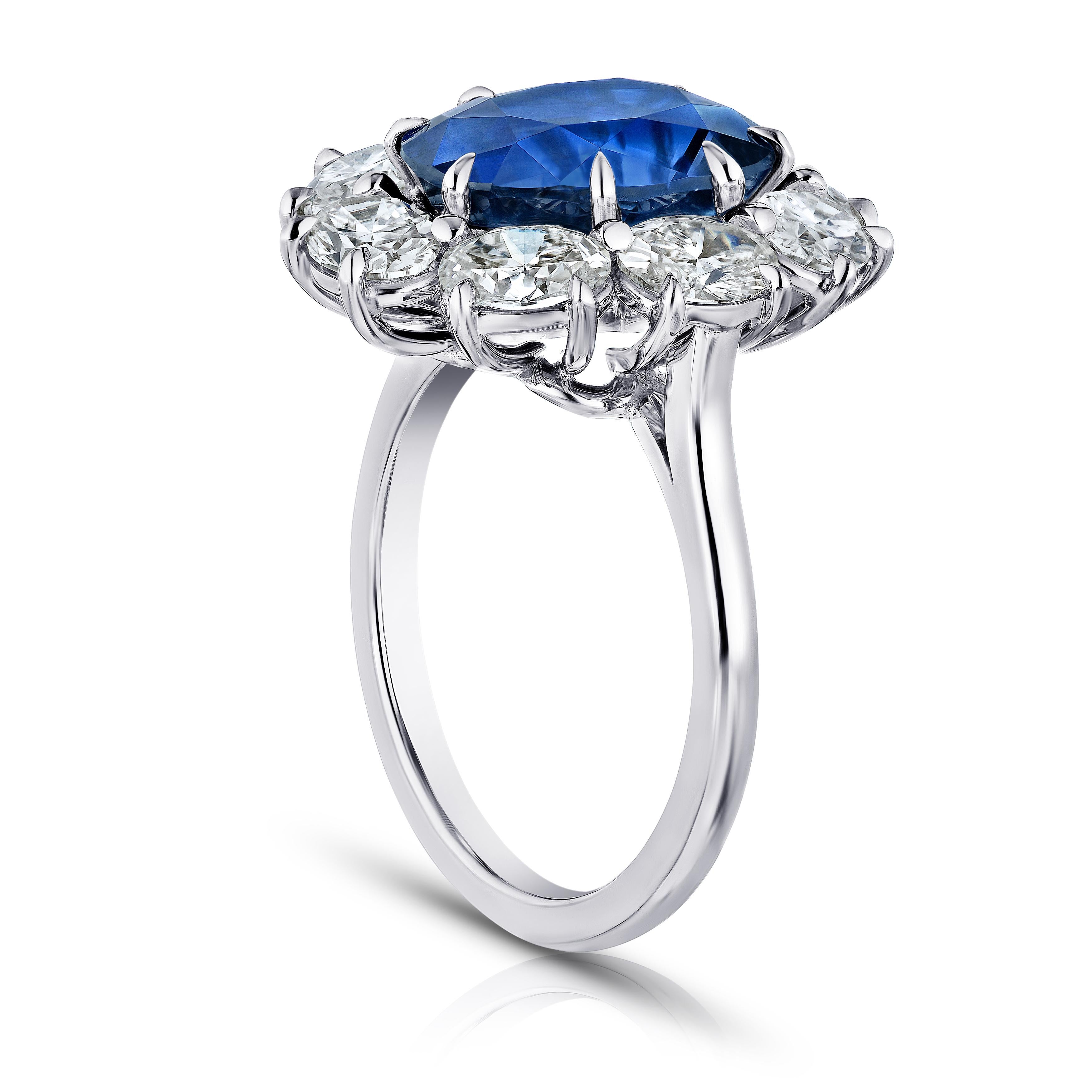 For Sale:  “Diana” Spaced Oval Halo Six Carat Blue Oval Sapphire Platinum Ring 2