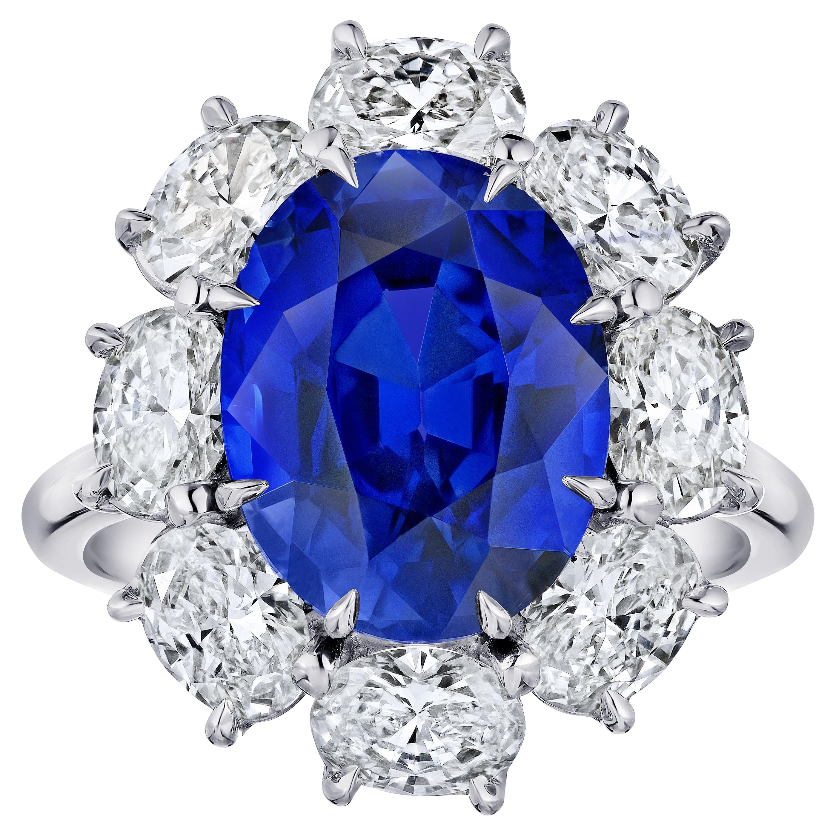 “Diana” Spaced Oval Halo Six Carat Blue Oval Sapphire Platinum Ring