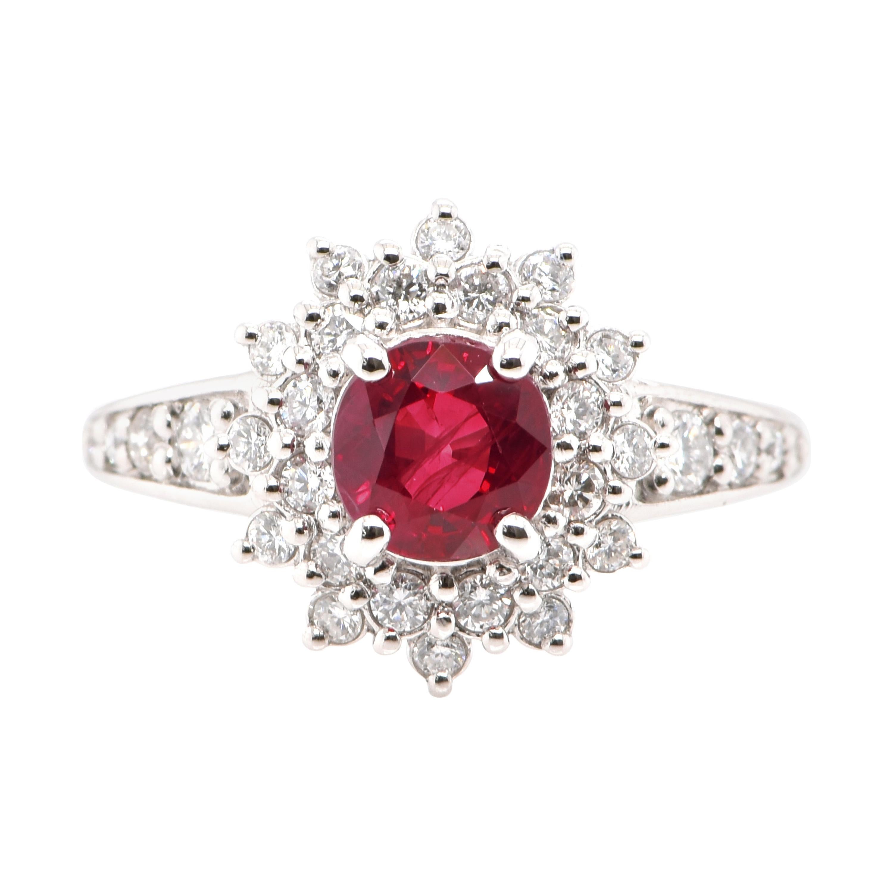 Diana-Style, 1.24 Carat, Natural Round-Cut Ruby and Diamond Ring Set in Platinum