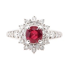 Diana-Style, 1.24 Carat, Natural Round-Cut Ruby and Diamond Ring Set in Platinum