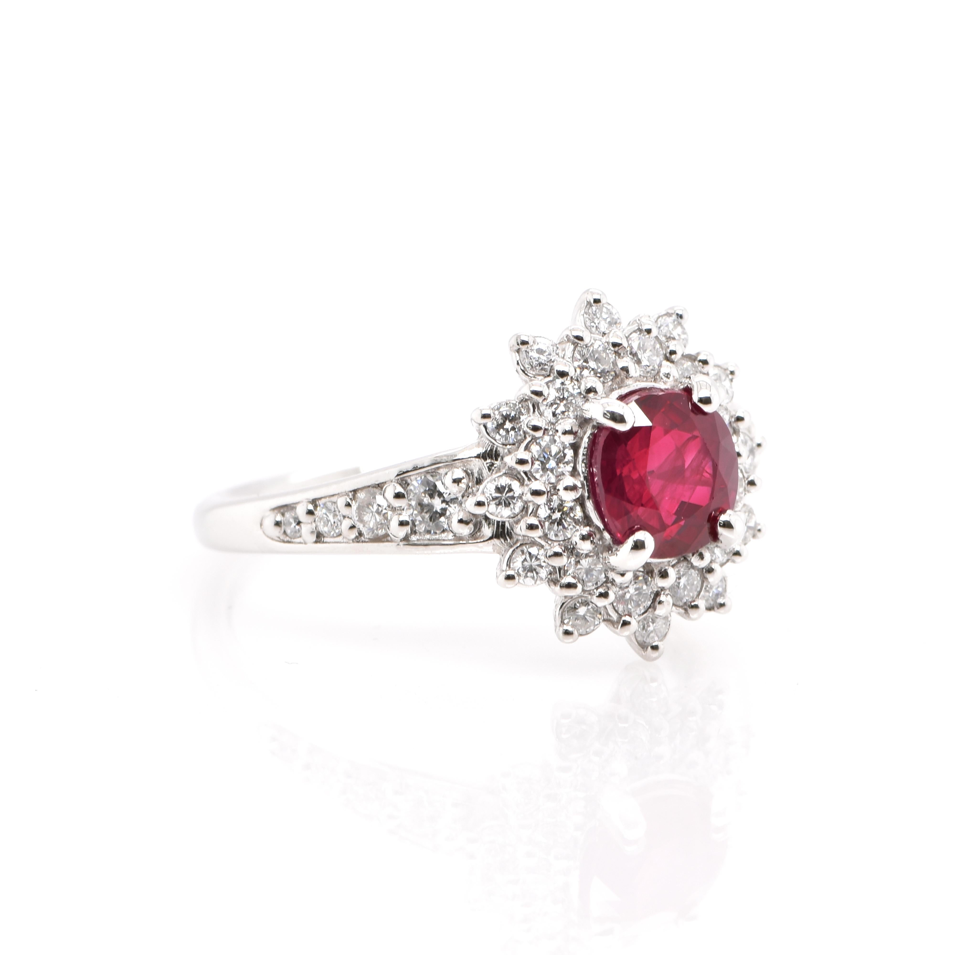 Modern Diana-Style, 1.24 Carat, Natural Round-Cut Ruby and Diamond Ring Set in Platinum