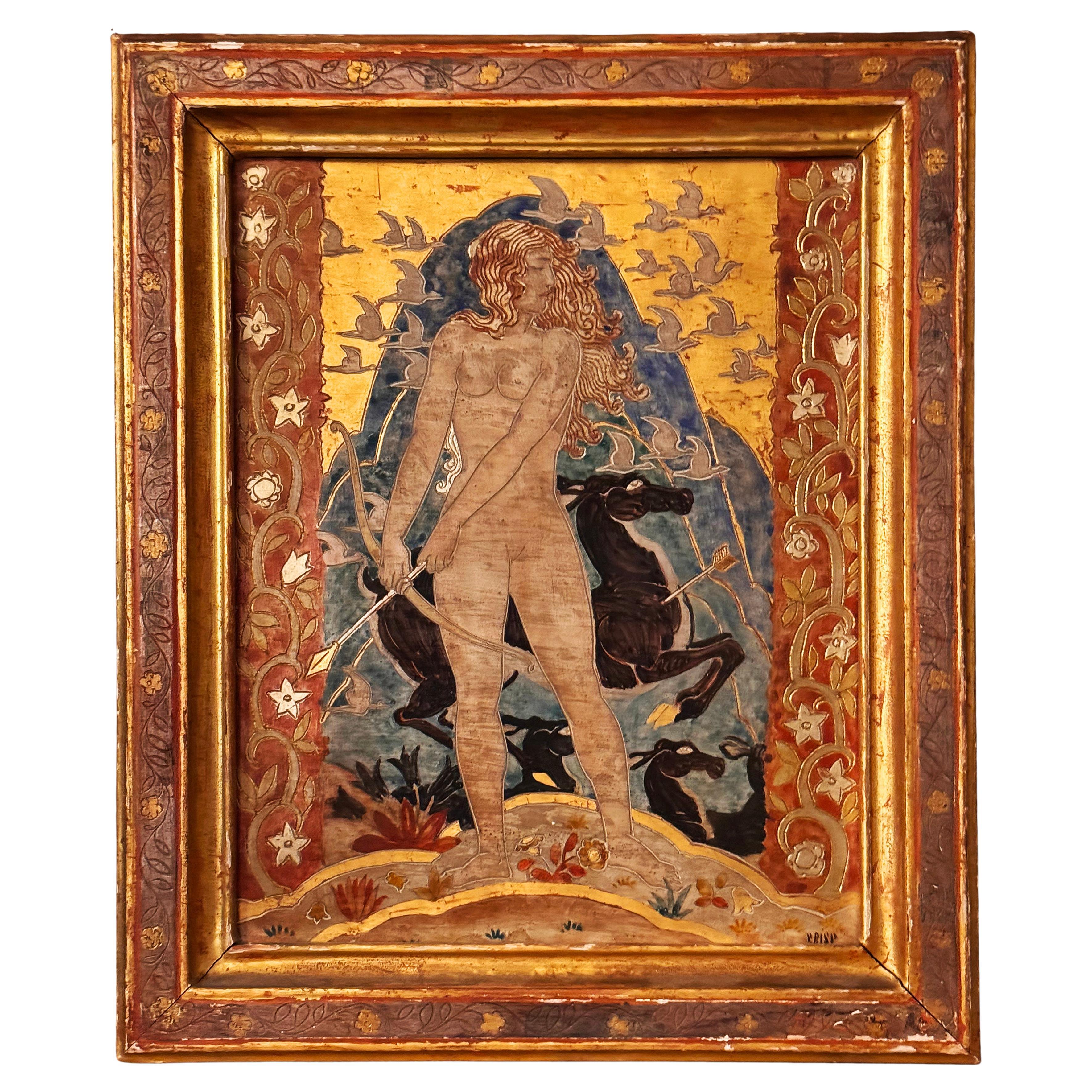 "Diana the Hunter", Stunning Art Deco Painting by Crisp, Gold, Black and Red