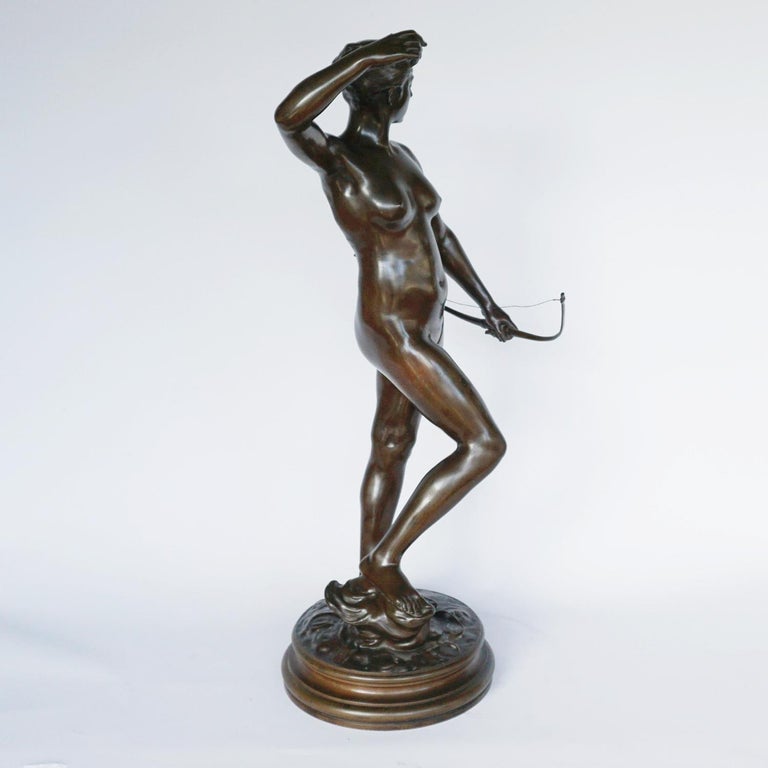 Diana the Huntress a Patinated Bronze Art Nouveau Sculpture by Jean Falguière For Sale 11