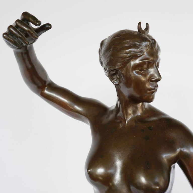 Diana the Huntress a Patinated Bronze Art Nouveau Sculpture by Jean Falguière For Sale 13