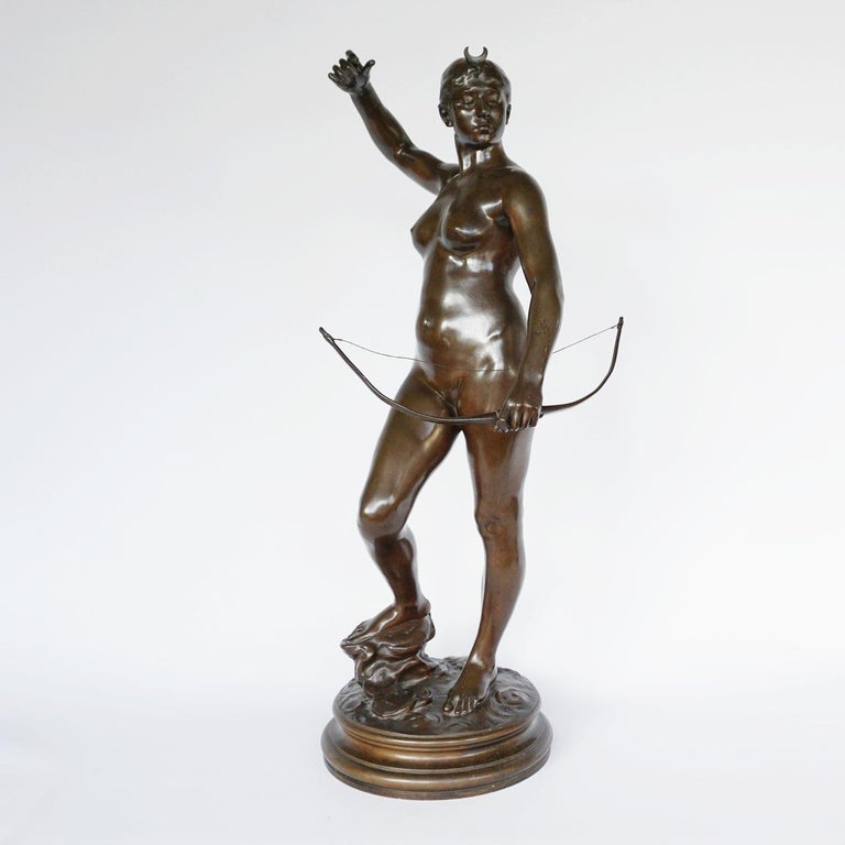 Diana the Huntress a Patinated Bronze Art Nouveau Sculpture by Jean Falguière In Good Condition For Sale In Forest Row, East Sussex