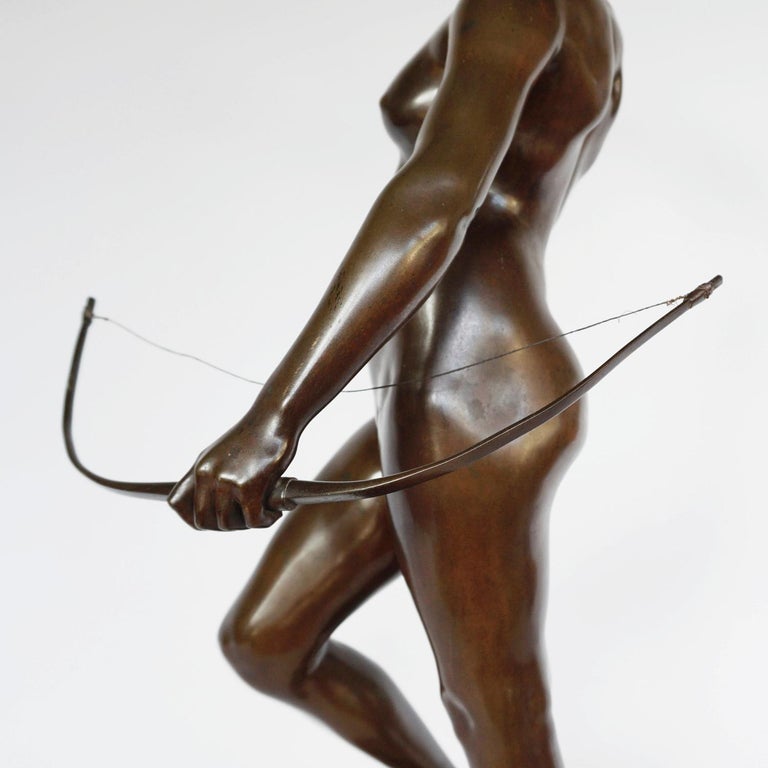 Diana the Huntress a Patinated Bronze Art Nouveau Sculpture by Jean Falguière For Sale 4