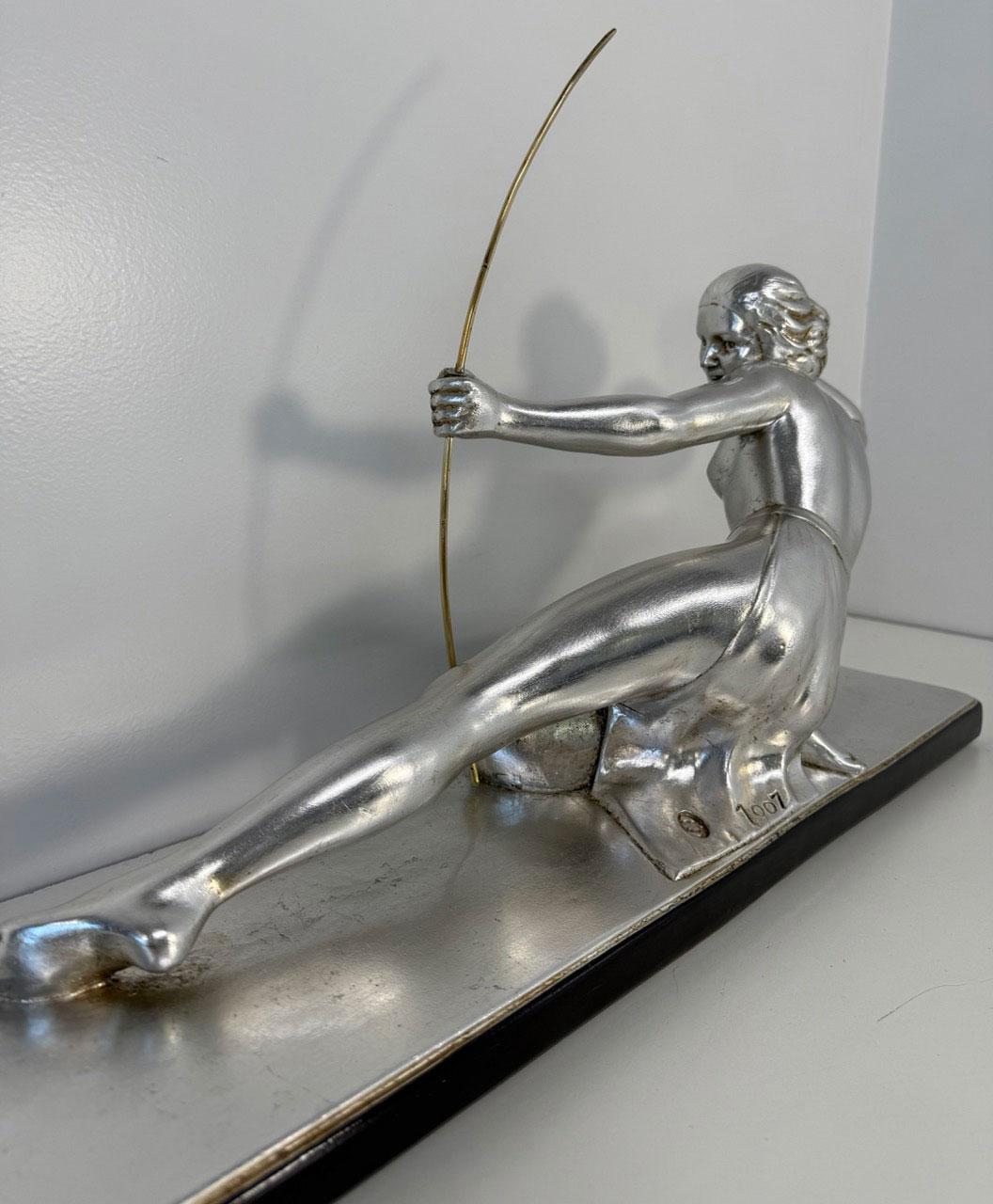 Diana the Huntress – Art Deco Silver Leaf Sculpture by Salvatore Melani, 1930s For Sale 5