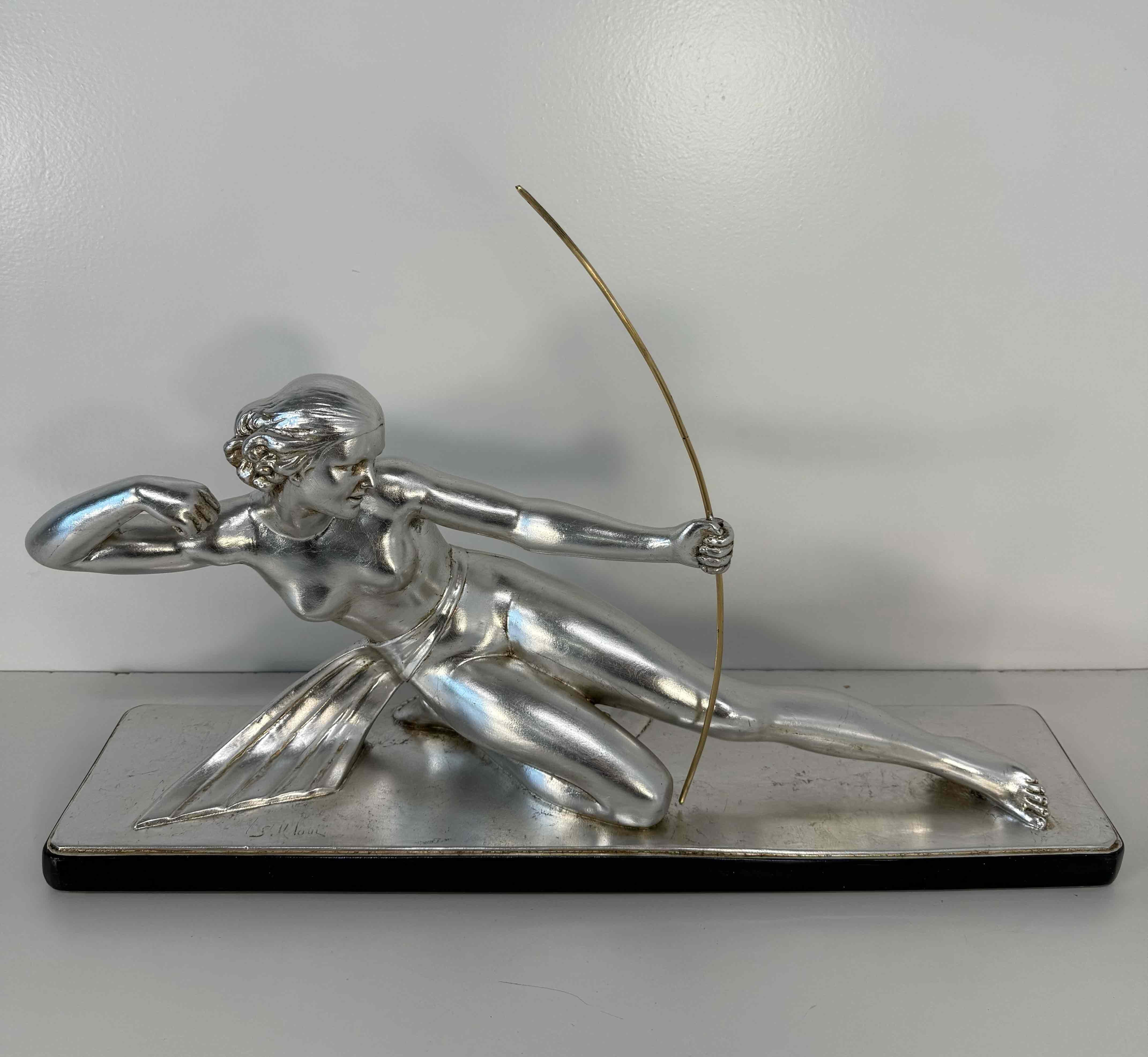Italian Diana the Huntress – Art Deco Silver Leaf Sculpture by Salvatore Melani, 1930s For Sale