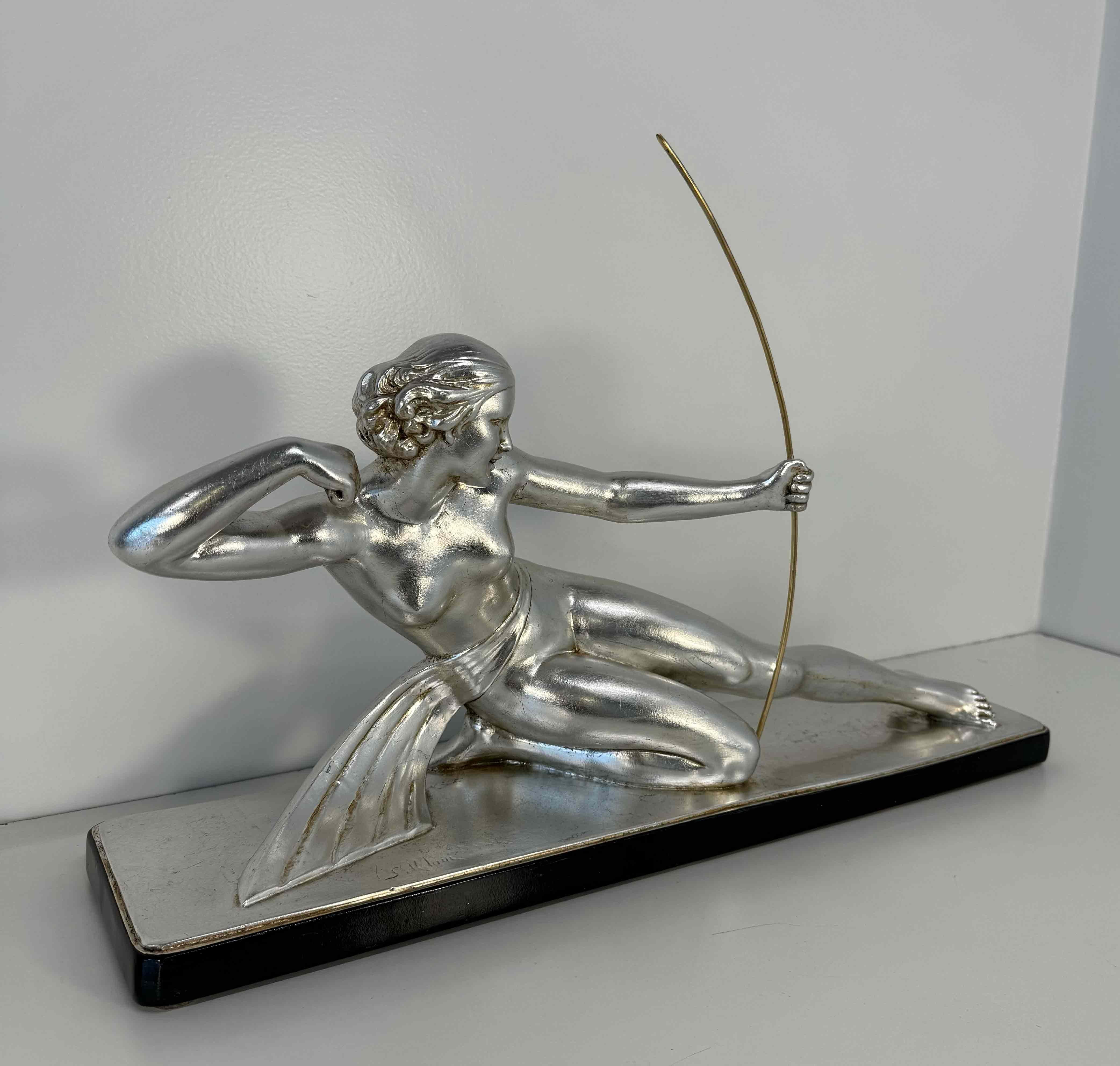 Early 20th Century Diana the Huntress – Art Deco Silver Leaf Sculpture by Salvatore Melani, 1930s For Sale