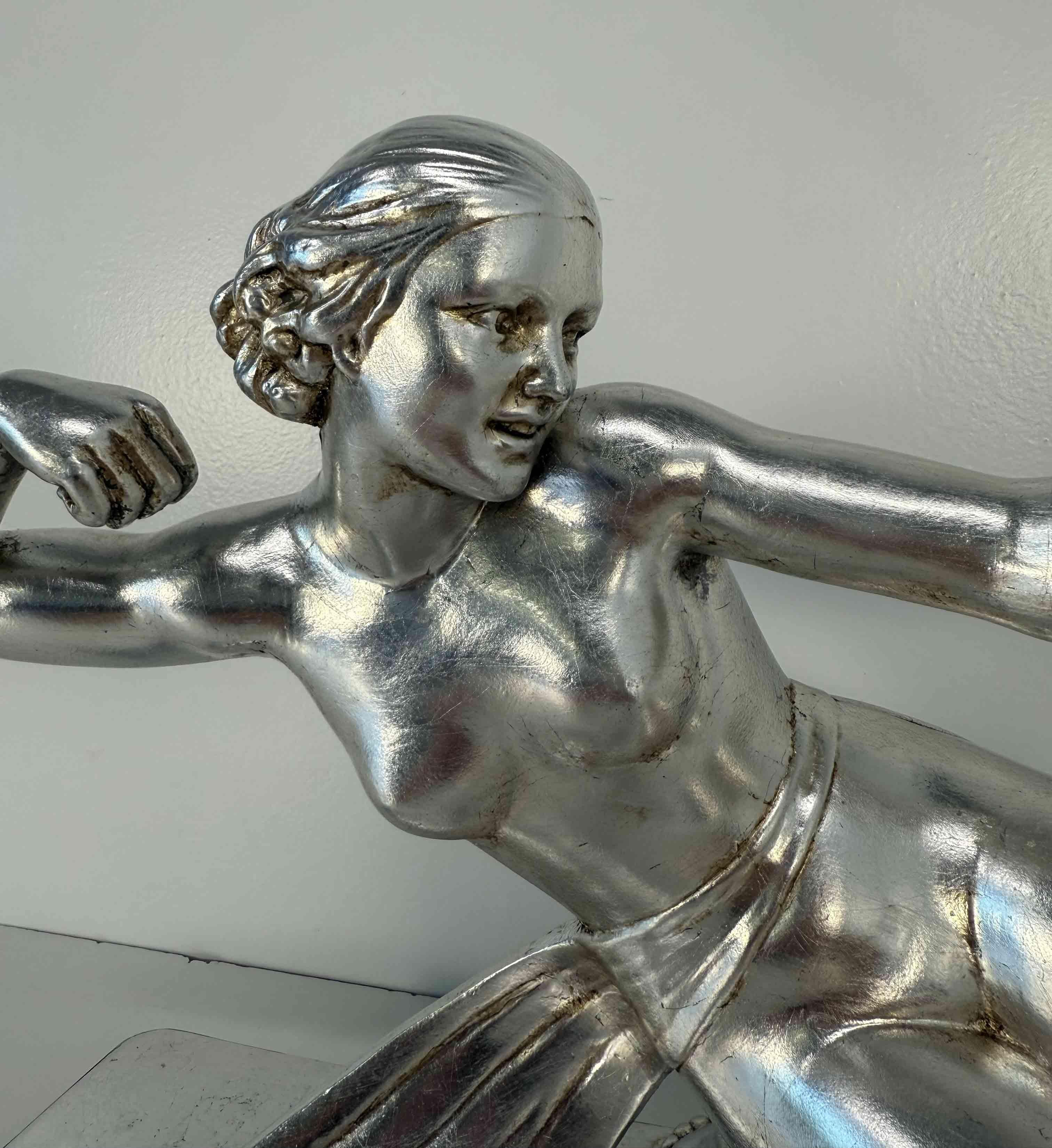 Brass Diana the Huntress – Art Deco Silver Leaf Sculpture by Salvatore Melani, 1930s For Sale