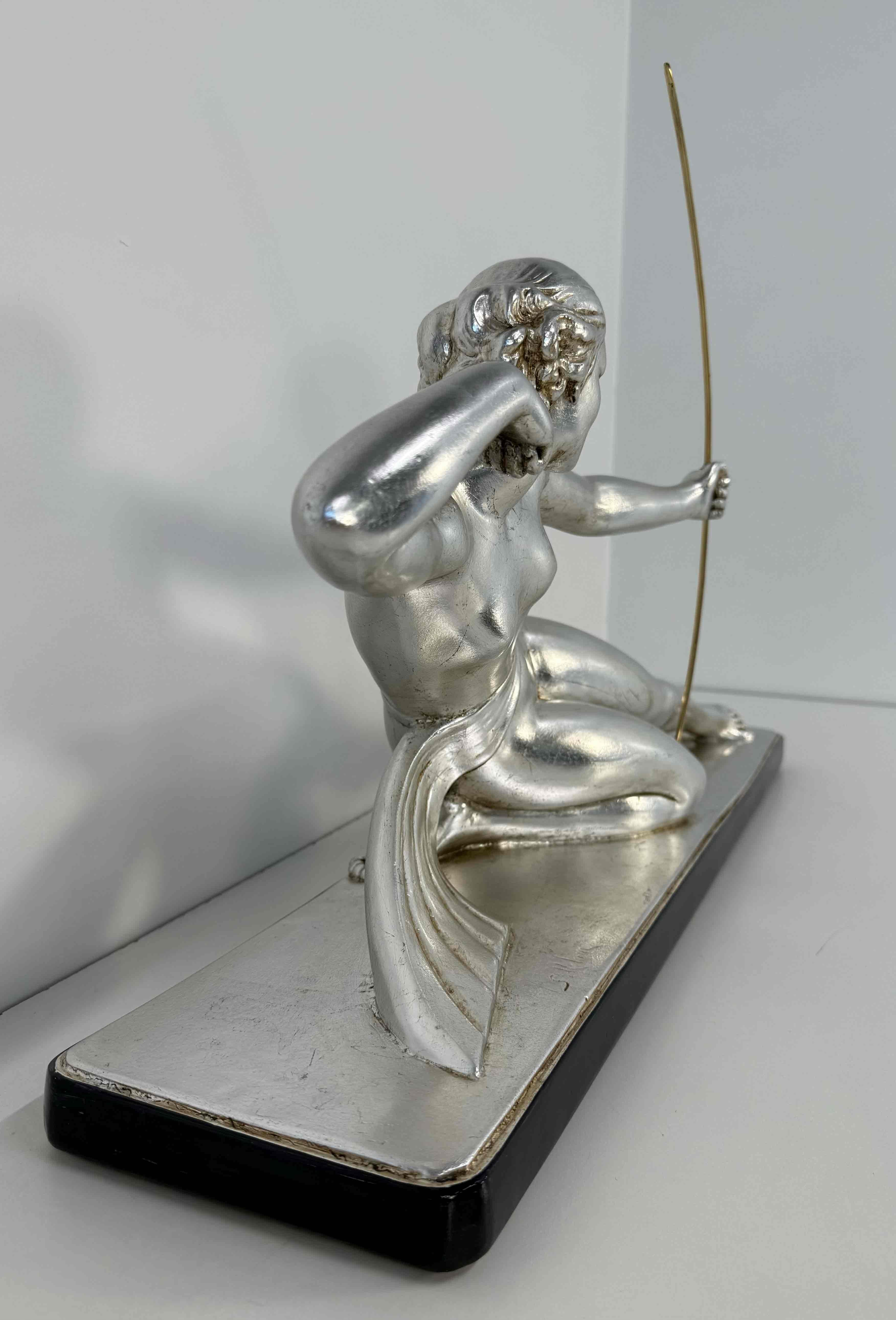Diana the Huntress – Art Deco Silver Leaf Sculpture by Salvatore Melani, 1930s For Sale 3