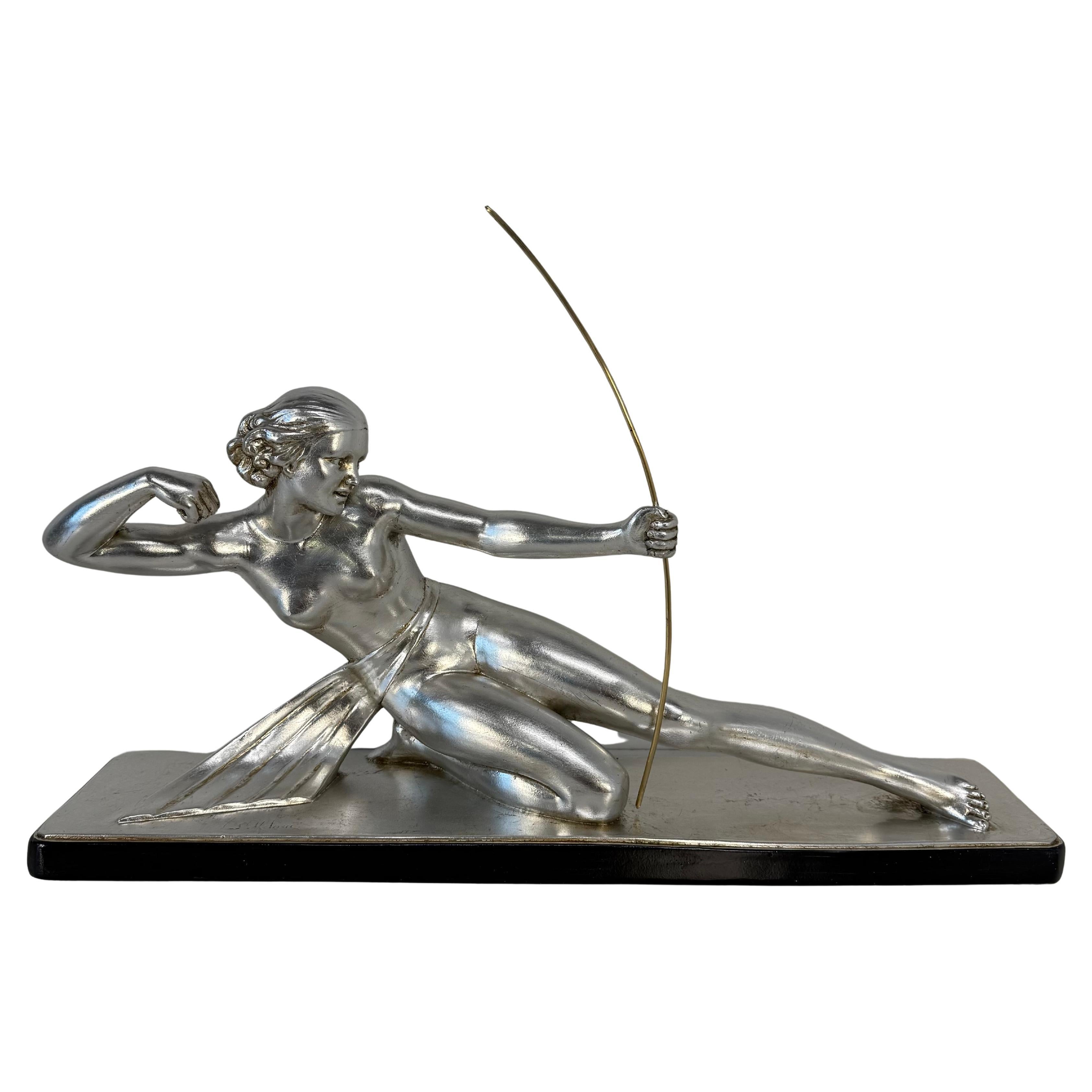 Diana the Huntress – Art Deco Silver Leaf Sculpture by Salvatore Melani, 1930s