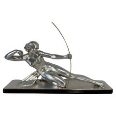 Diana the Huntress – Art Deco Silver Leaf Sculpture by Salvatore Melani, 1930s