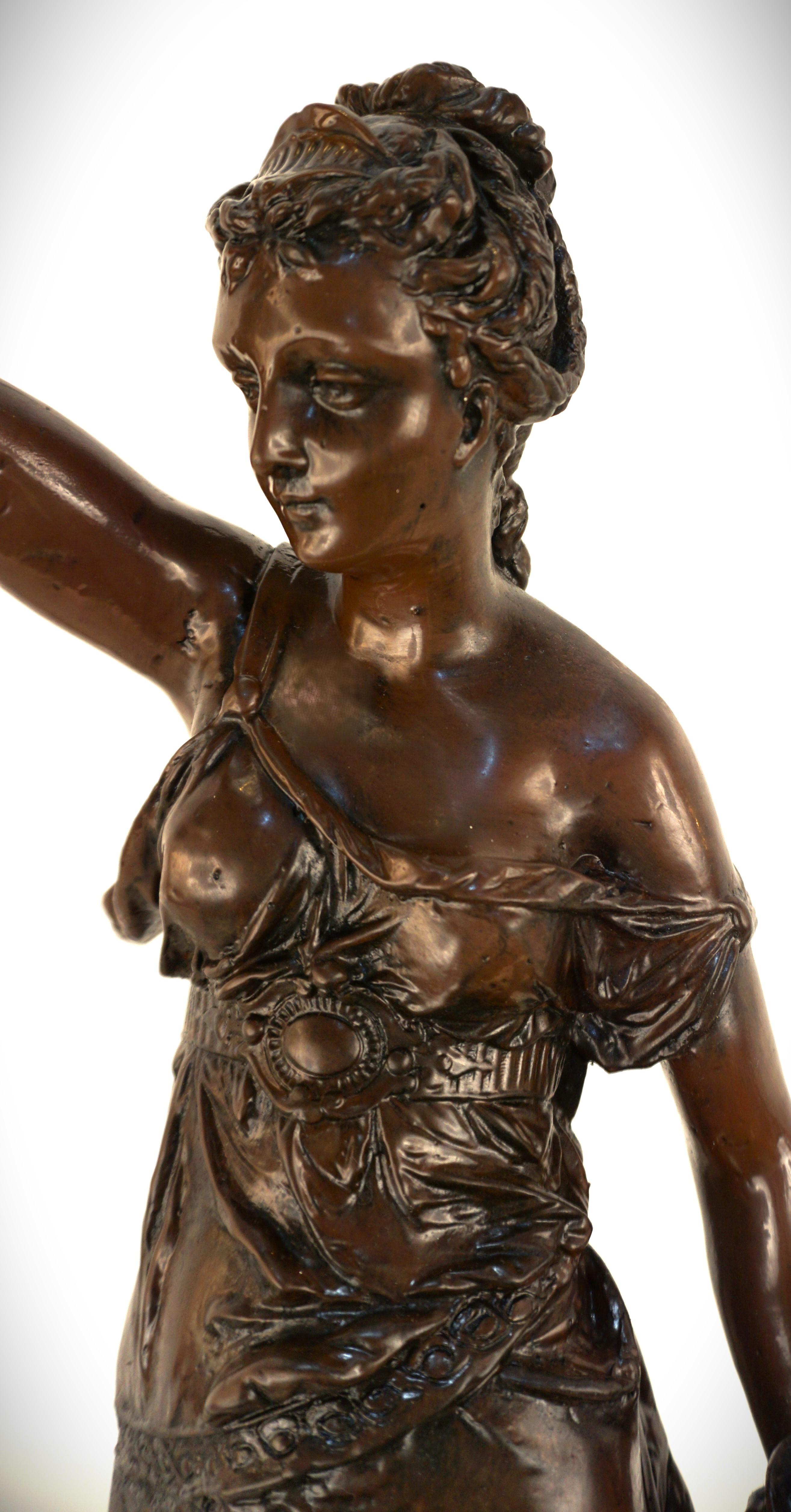 French Diana the Huntress Bronze Statue Holding Torchlight Table Lamp