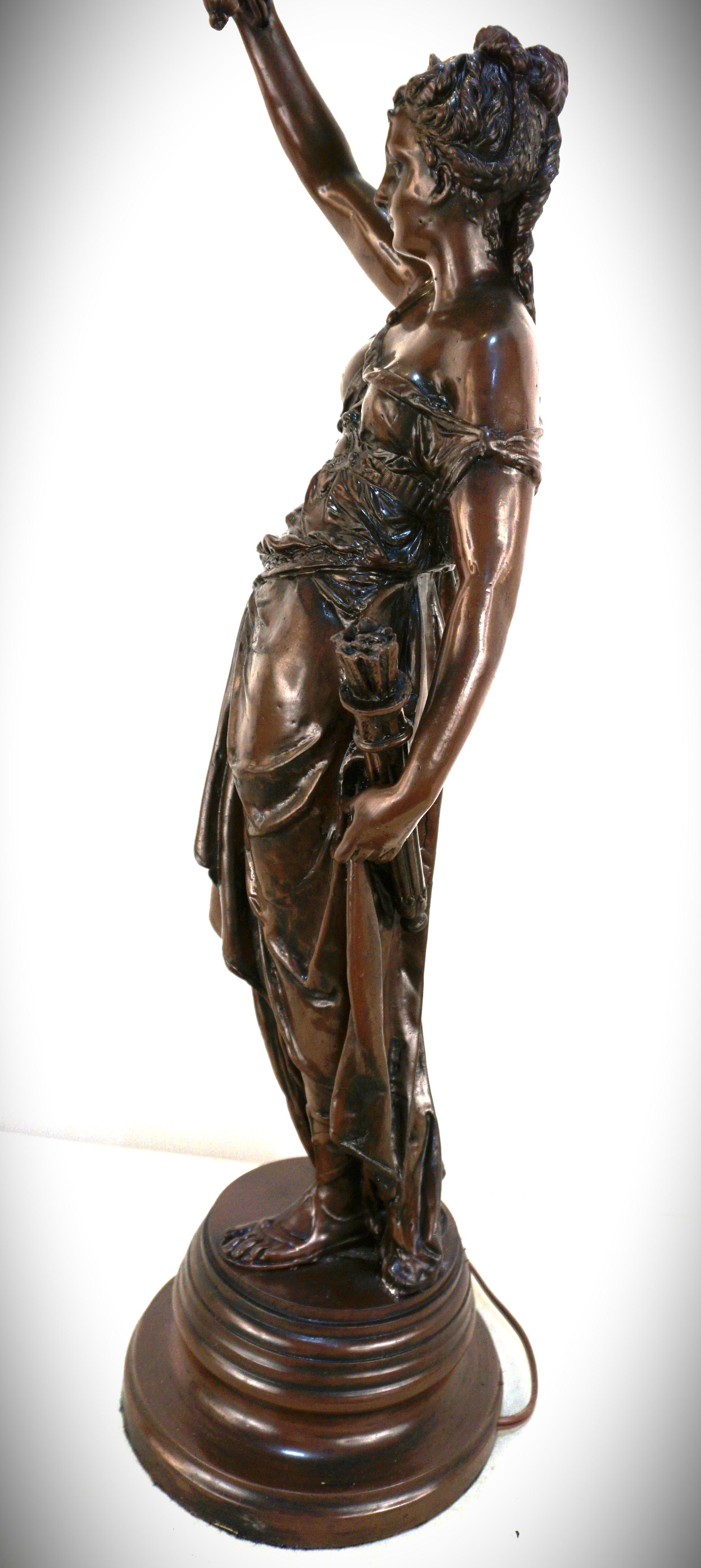Mid-20th Century Diana the Huntress Bronze Statue Holding Torchlight Table Lamp