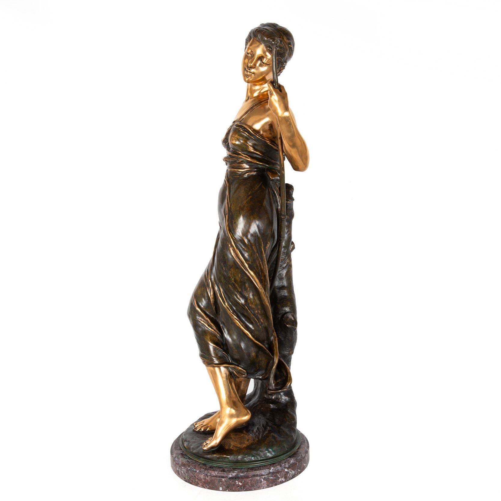 Romantic “Diana, the Huntress” by Eugene Marioton, French Antique Bronze Sculpture For Sale